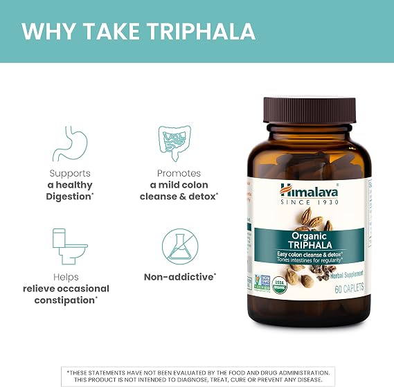 Himalaya USDA Organic Triphala Capsules, 688mg,Triphala Tablets,Digestive Health Supplement for Colon Cleanse & Occasional Bloating and Constipation Relief - Vegan, Non-GMO, Gluten Free, 30 Caplets