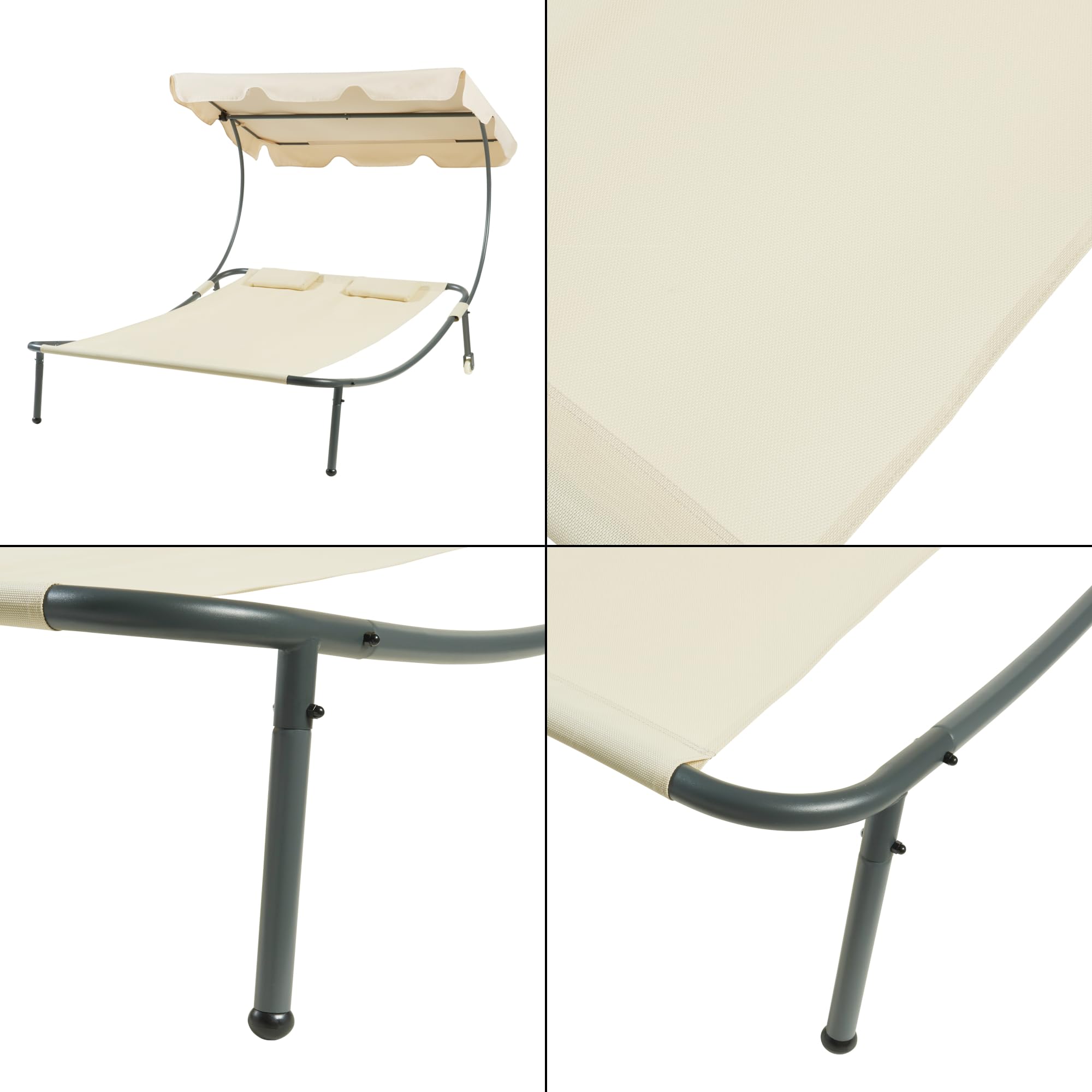 casa.pro Tumbona Jardín Exterior para 2 Personas Cama Solar Doble Independiente con Ruedas 2 Cojines y Parasol Toldo Ajustable Acero Poliéster 200x173x146cm - Beige y Antracita
