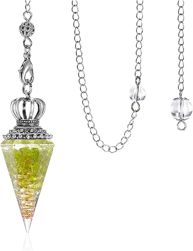 Jovivi Péndulos de cristal de peridoto natural para radiestesia de adivinación, corona hexagonal puntiaguda, piedras de chip de resina curativas,
