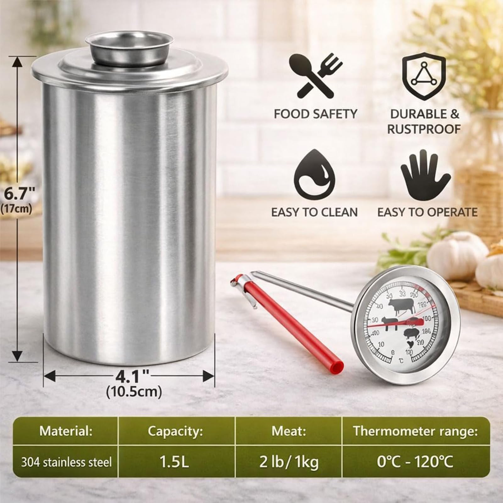 Presse à Viande en Acier Inoxydable avec Thermomètre et Mécanisme à Ressort – Moule pour Charcuteries, Jambon Maison et Viandes Froides – Idée Cadeau Originale pour la Cuisine (with Presser)
