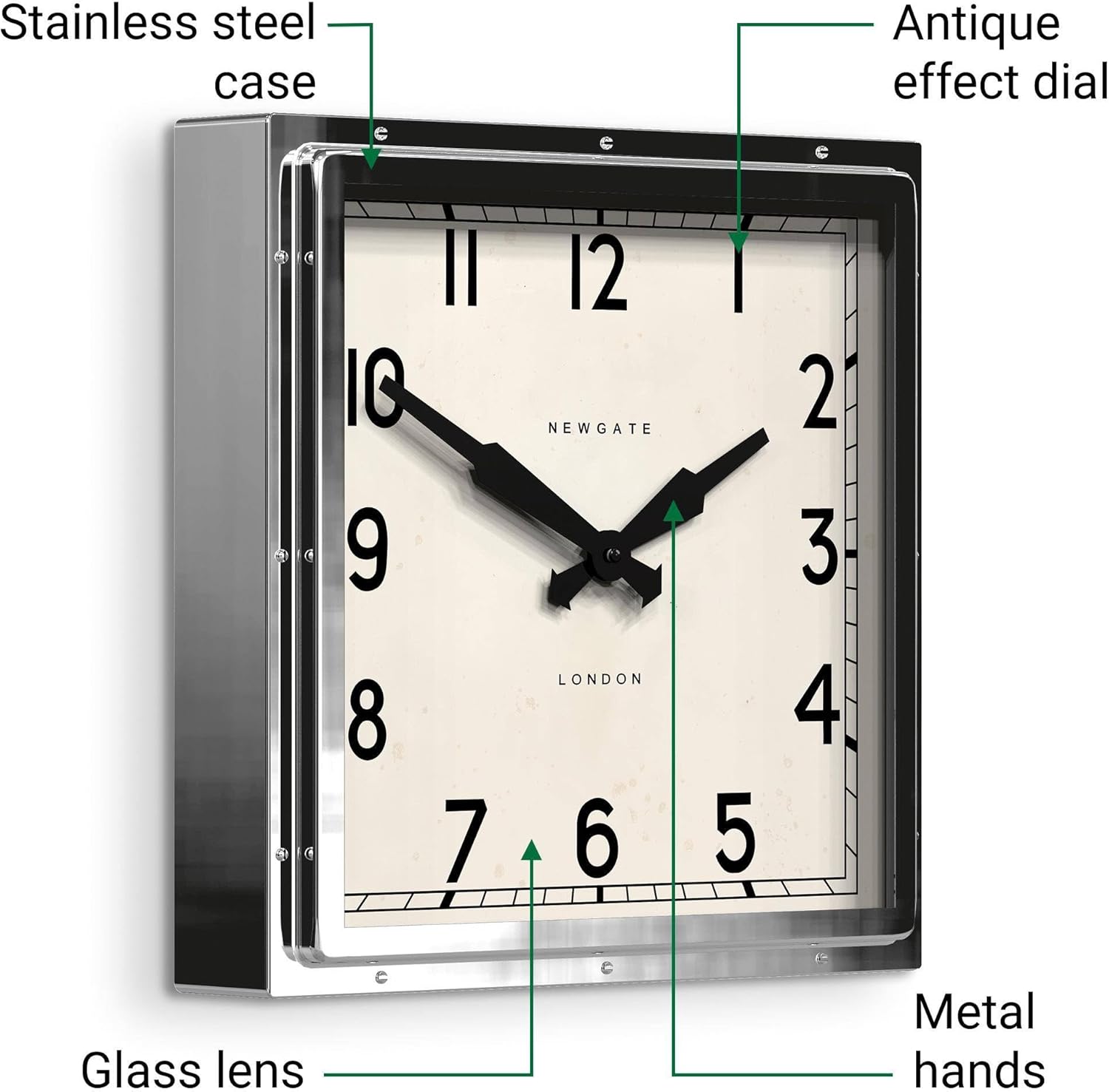 NEWGATE® Quad wall Clock | Large Square Polished Stainless Steel Design | 16 inch | Iconic Industrial mid Century Style Clock for Kitchen, Living Room or Office