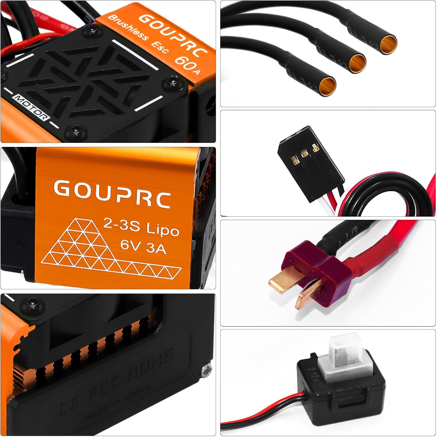 GOUPRC Brushless ESC 60A 2-3S Electric Speed Controller with Connector Combo Set for 1/10 1/12 RC Off-Road RC Car Truck Crawler Buggy Orange