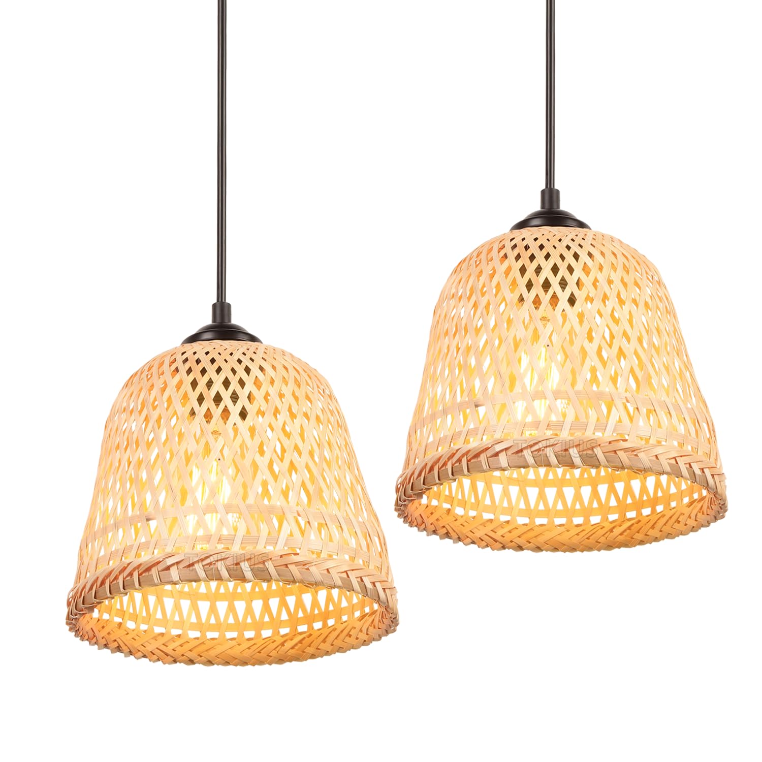 2 packs Lustres Suspensions Bambou Industrielle Luminaire Plafonnier E27 Vintage Lustre Abat-jour en Bambou Tressé Rétro Lampe de plafond Ø200mm Design Pour Salon Cuisine Chambre (A-L-2pcs)