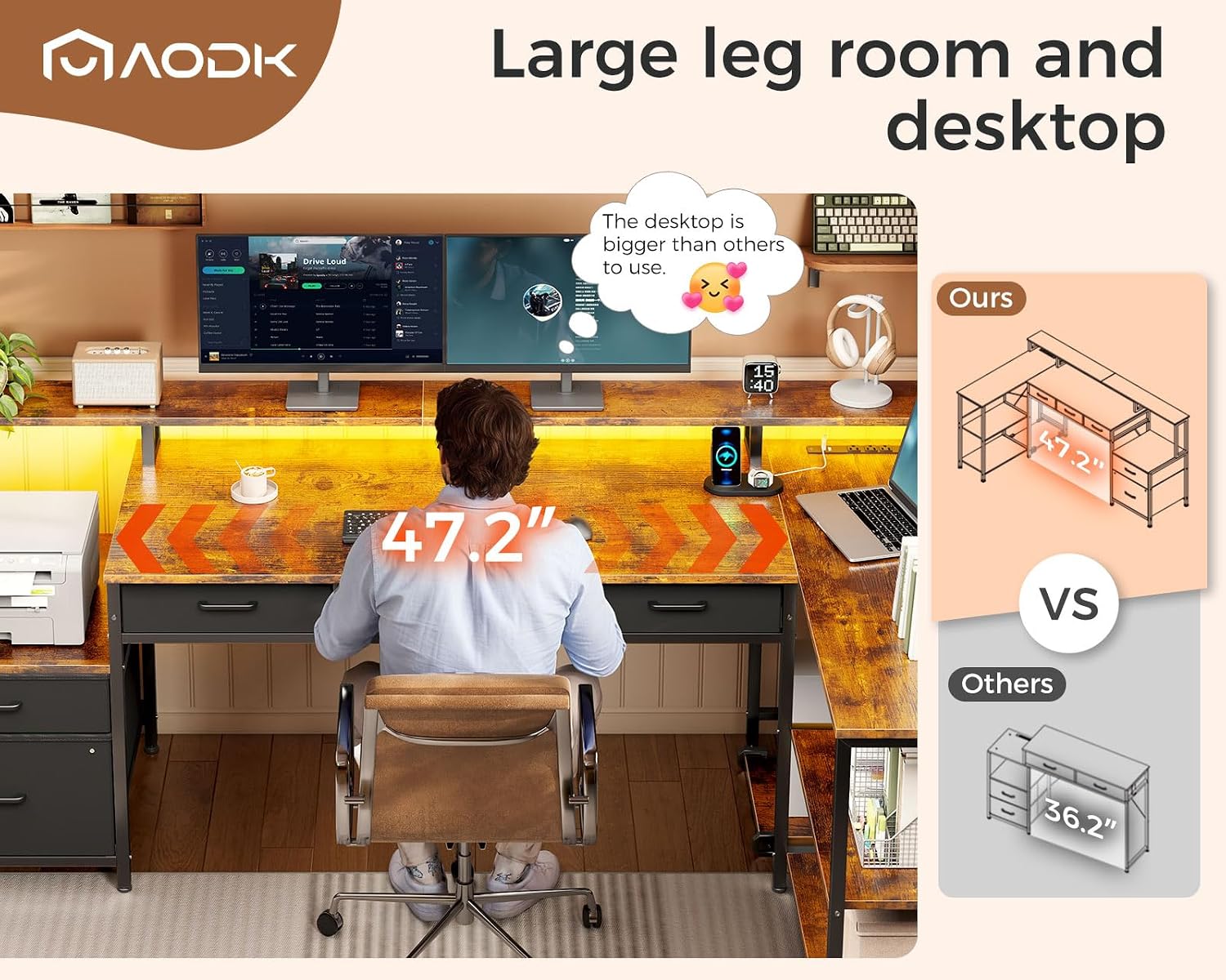 Close-up of the LED strip and its control unit on the AODK L-shaped desk.