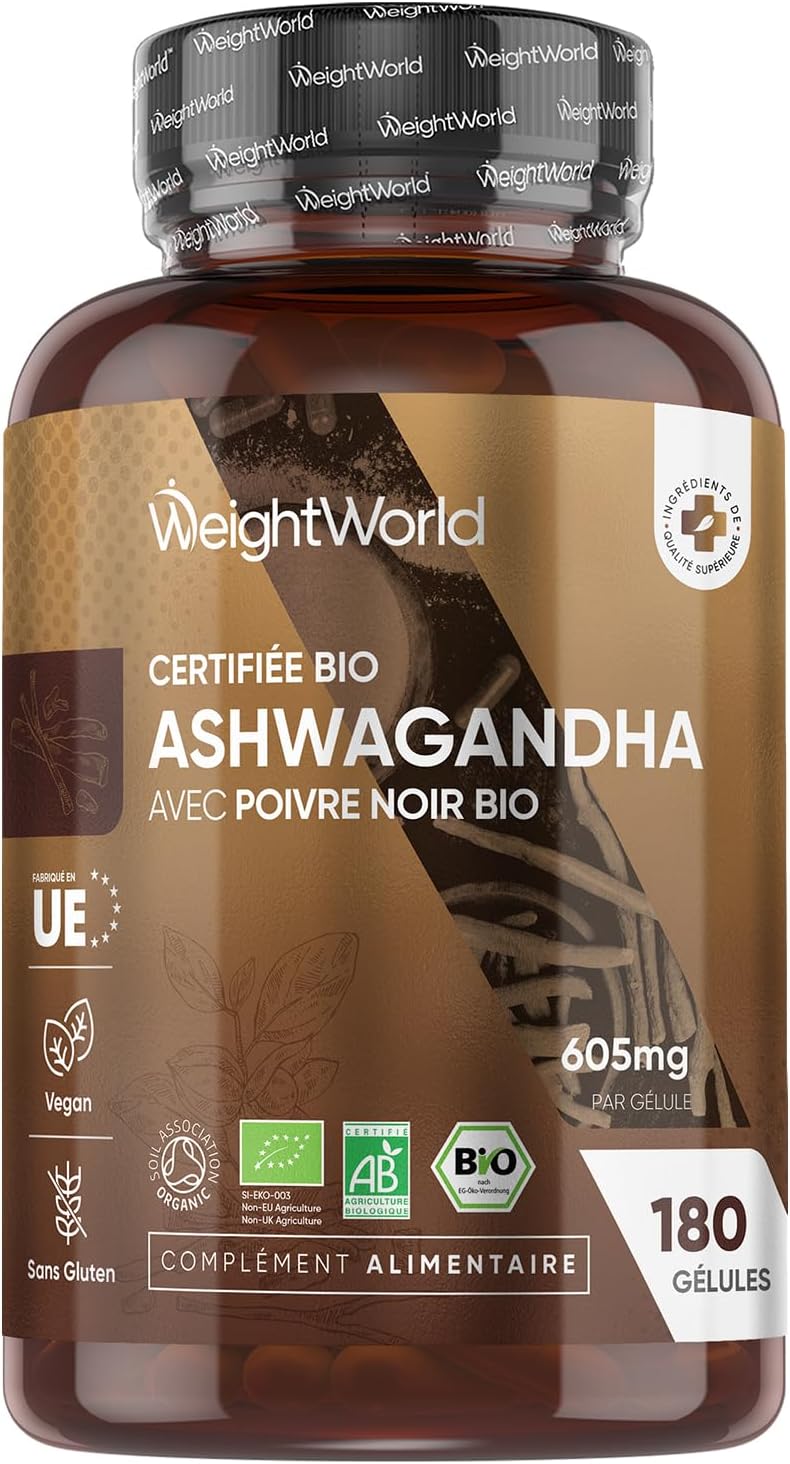Ashwagandha Organic Capsules 180 Vegan Capsules for 6 Months, Indian Ginseng Enriched with Withanolides with Piperine, Ashwagandha Powder Extract (Withania Somnifera) with Organic Black Pepper (Piper