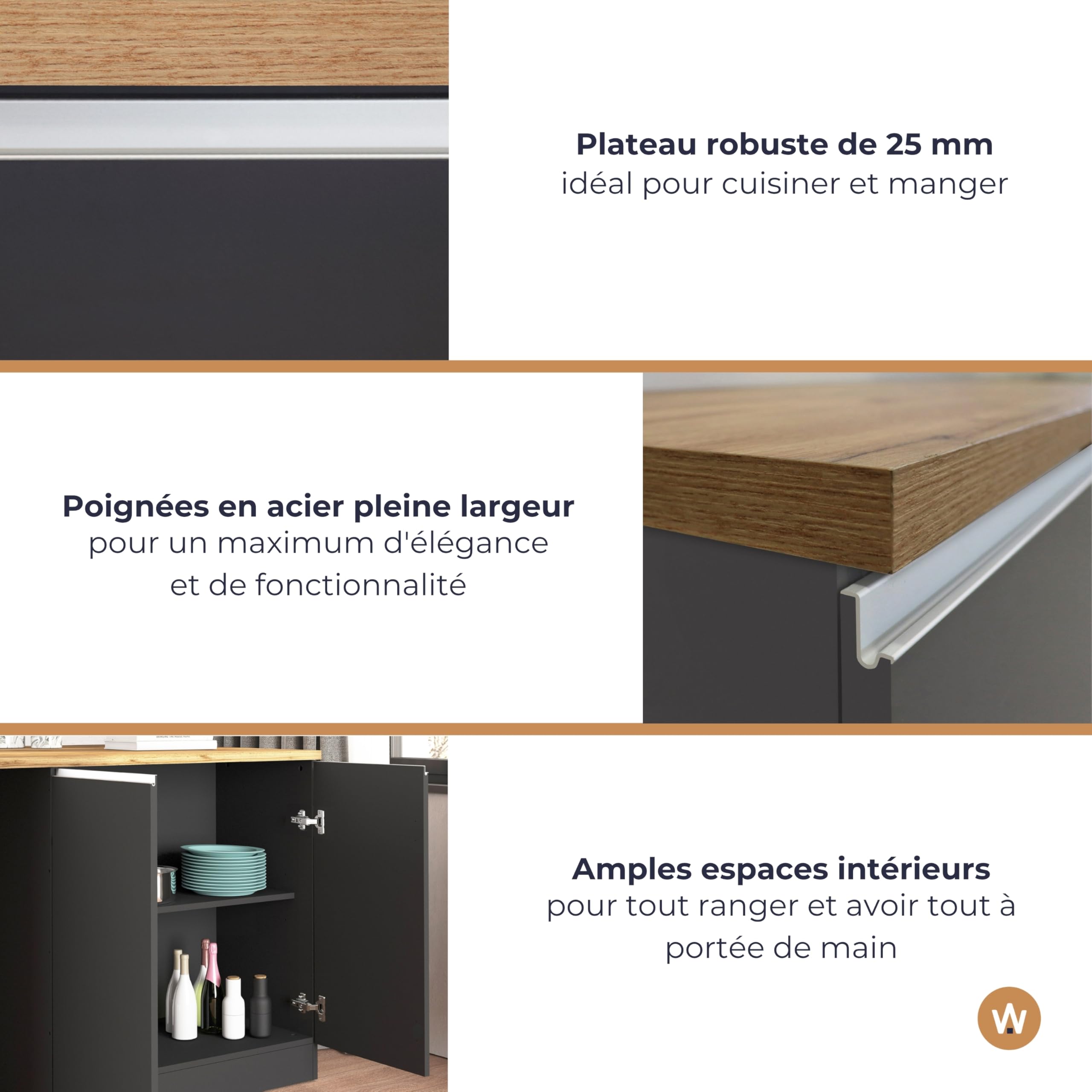 WHOUS Îlot de Cuisine Sole avec 4 Portes, Table à Manger et Plan de Travail, Idéal pour Les Cuisines Ouvertes ou Petits Espaces, Dimensions 200 x 90 x 90 cm, Bicolore Anthracite Opaque et Chêne