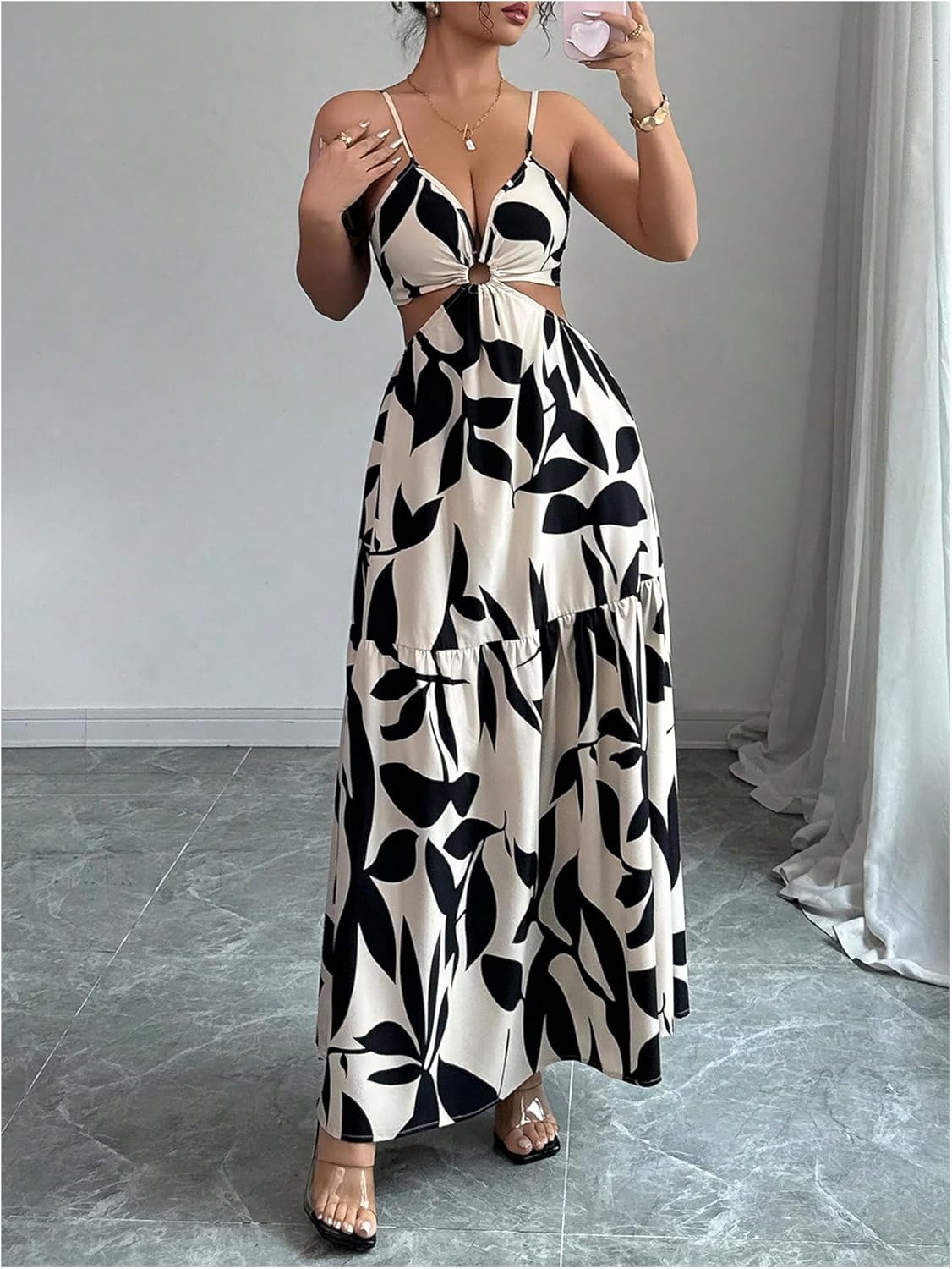 WDIRARA Women's Boho Cut Out Tie Backless Maxi Cami Dress Vacation Spaghetti Strap Long Dresses - Image 4