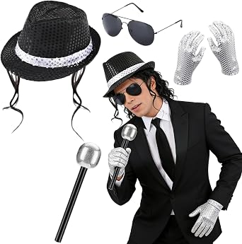 Pop Star Costume 5 Pcs Pop Rockstar Costume Set for Adult, Black Sequins Hat Glasses Tie Sequins Gloves Microphone Famous Singer Dancer Role Play Costume Accessories Set for 80s 90s Cosplay Party