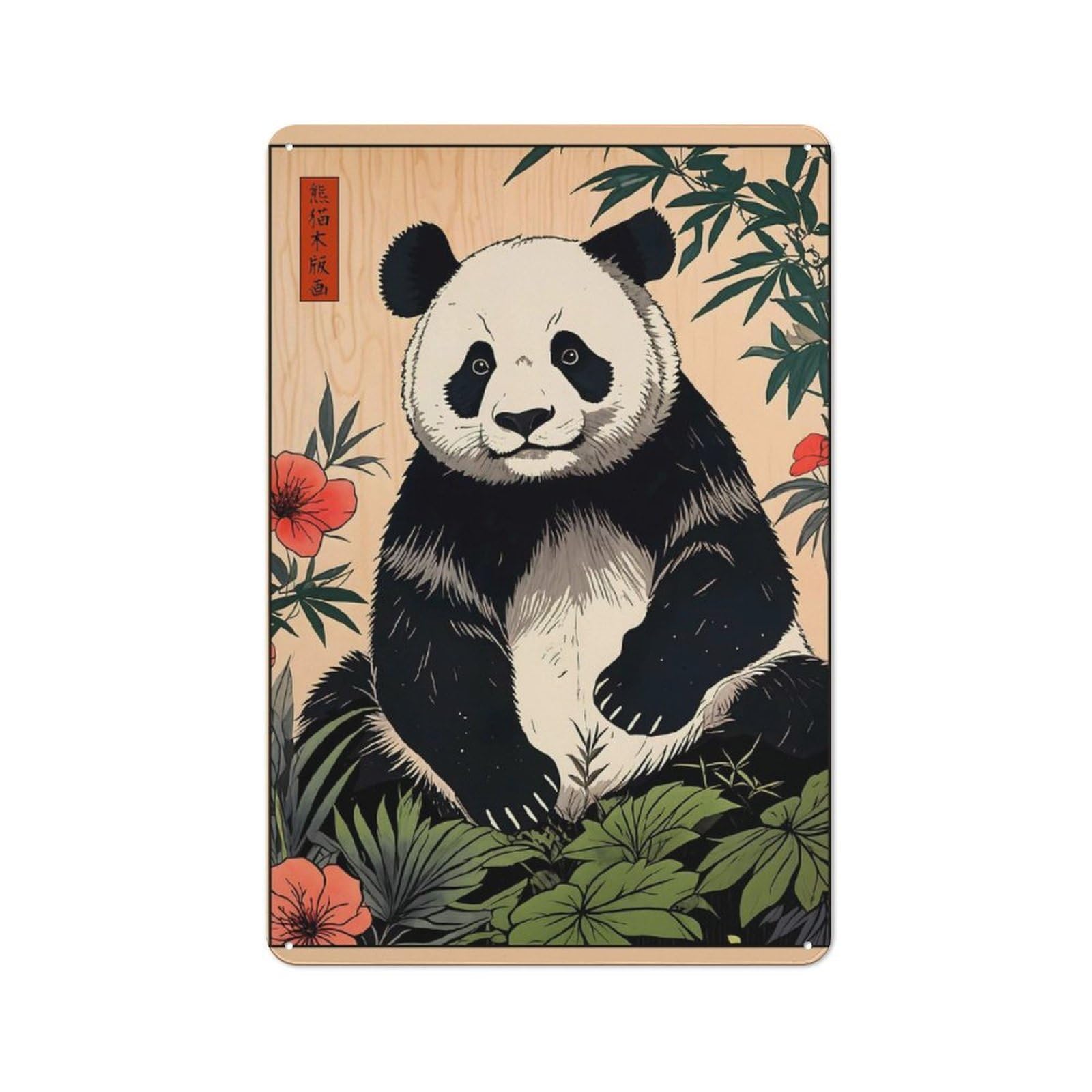 Retro Metal Plaque 30x20cm Featuring Panda Japanese Art, Bistro Wall Plaque for Bakery, Diner, Cafe Or Family Room