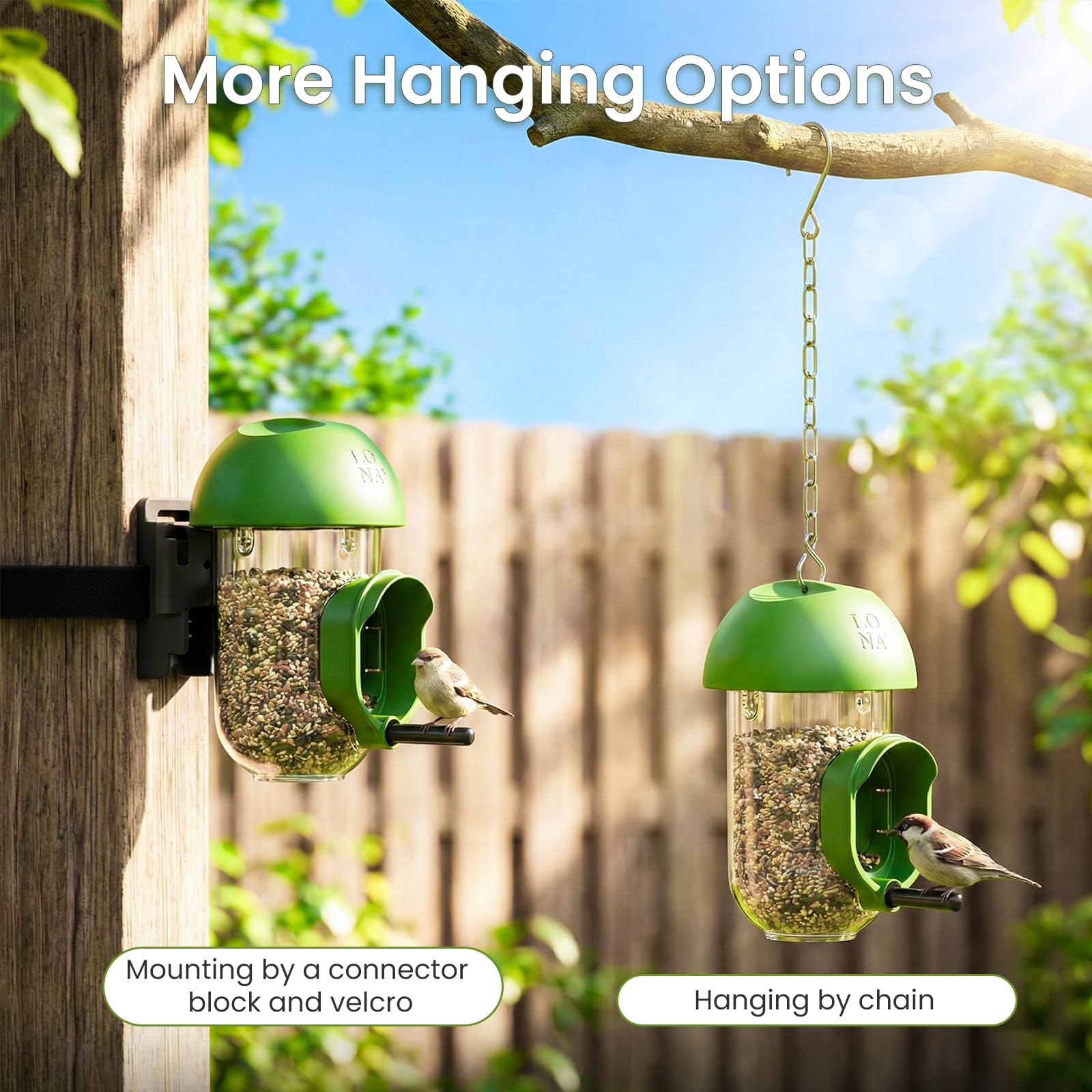 LONA - Comederos para pájaros para exteriores, paquete de 2, alimentador de pájaros a prueba de ardillas con múltiples métodos de colgar, silo de alimentación de pájaros silvestres para exteriores, 1
