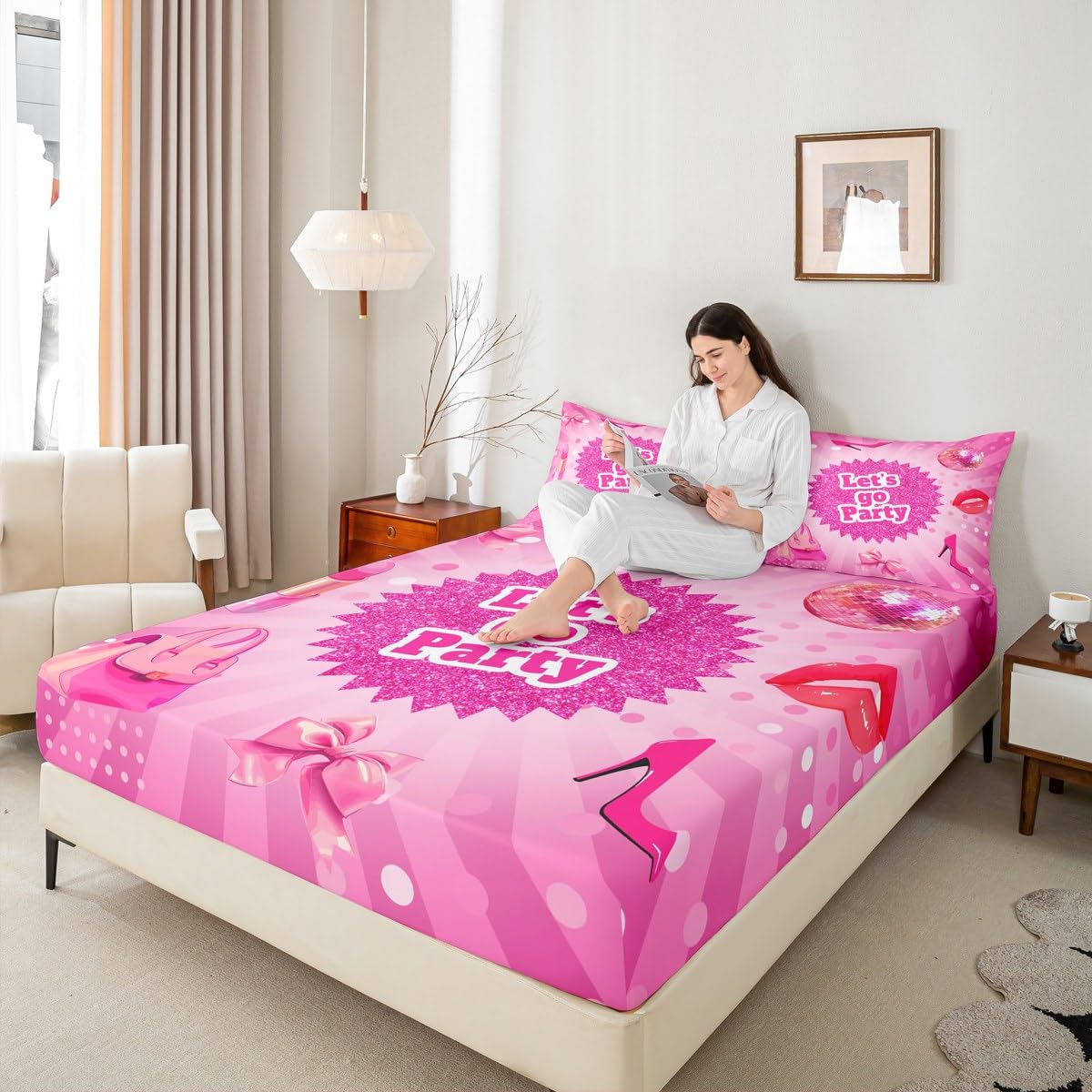 Princess Party Kids Fitted Sheet Twin Size,High-Heeled Shoes Lip Bowknot Bow Tie Bedding Set,Girls Boys Room Decor,Love Heart Geometric Dots Chic Pink Bed Sheet,1 Pillowcase(No Flat)
