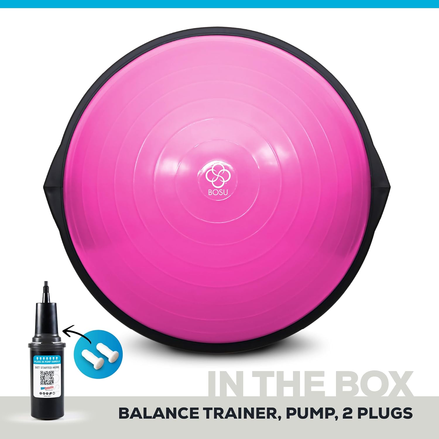 Bosu Balance Ball Exercise Trainer, Home Gym Equipment w/ Guided Workouts & Pump, 26", Blue - Inflatable Fitness Platform for Strength Training, Standing, Balancing, and Core Workout