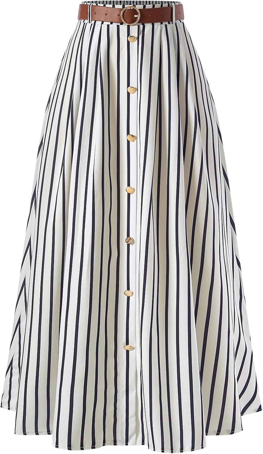 Women's Striped Maxi Skirt Dressy Casual Belted High Waisted Button A Line Skirts Work Office Outfits