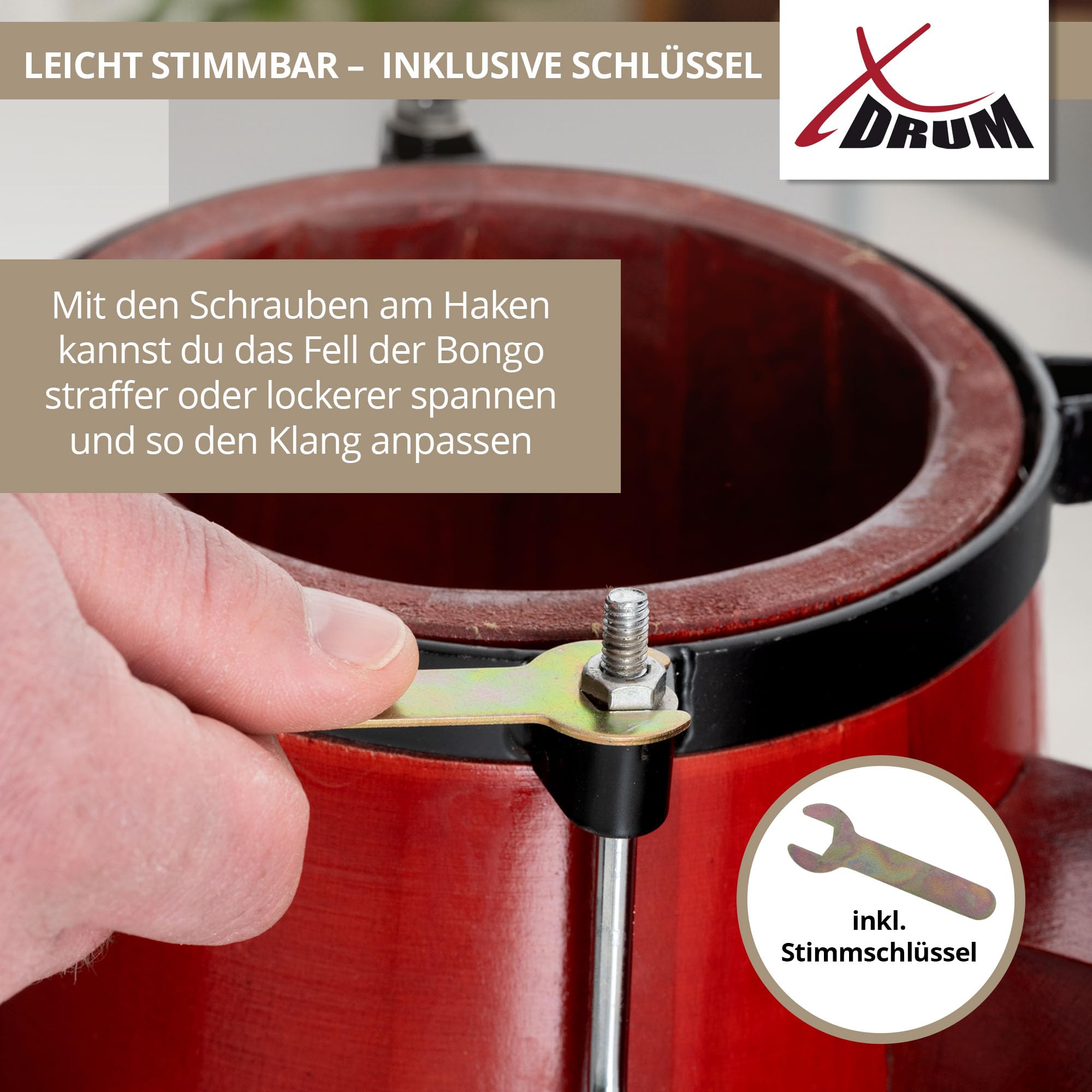 XDrum Bongos Pro Tobacco - 2 Tamburi con diametro 6,5" (17 cm) e 7,5" (20 cm) - Bonghi con pelli naturali accordabili, chiave di accordatura e supporto - Tamburi in legno marrone