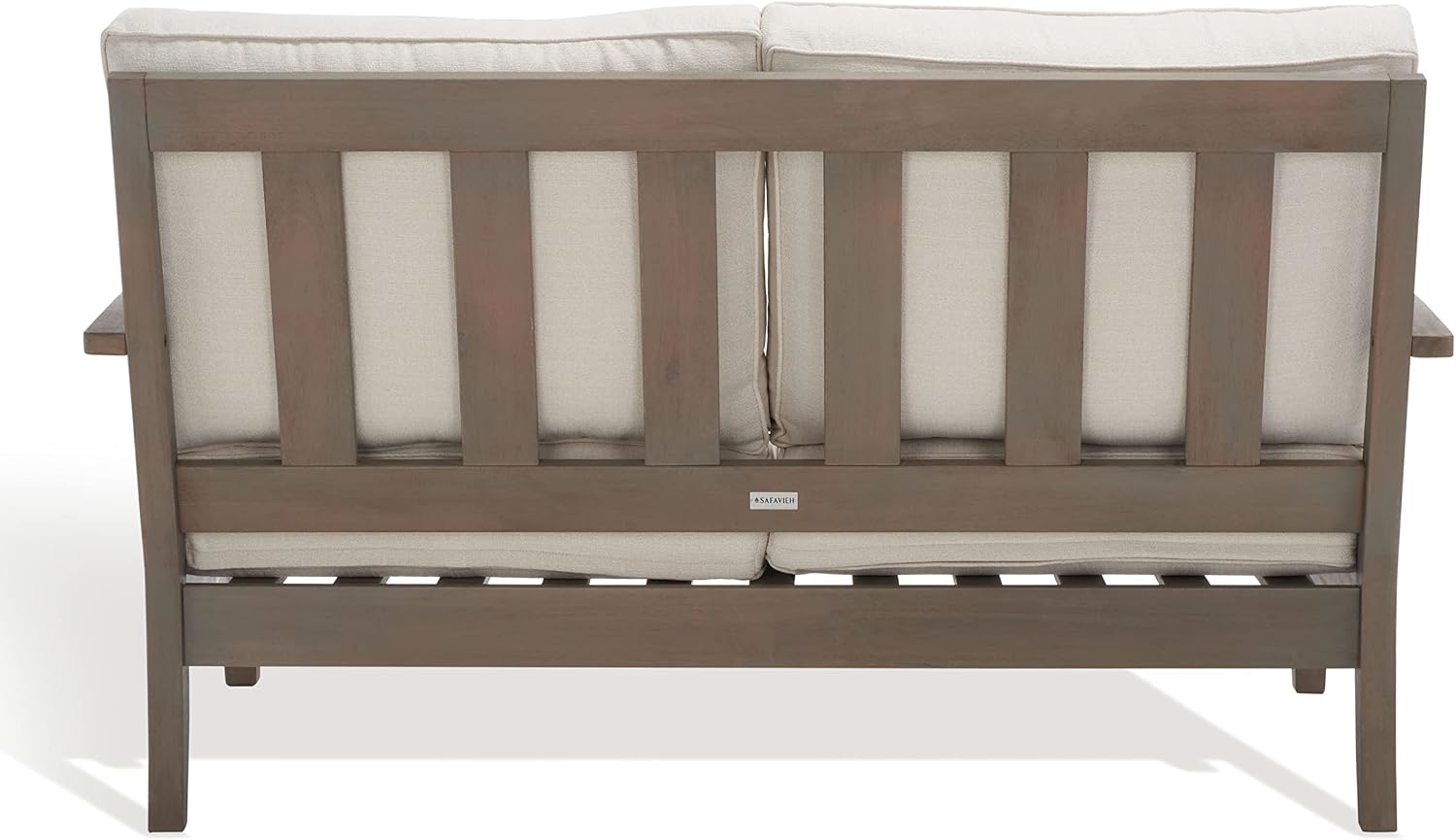 SAFAVIEH Outdoor Couture Collection Martinique Light Grey/Beige Solid Wood Patio Loveseat with Pillows