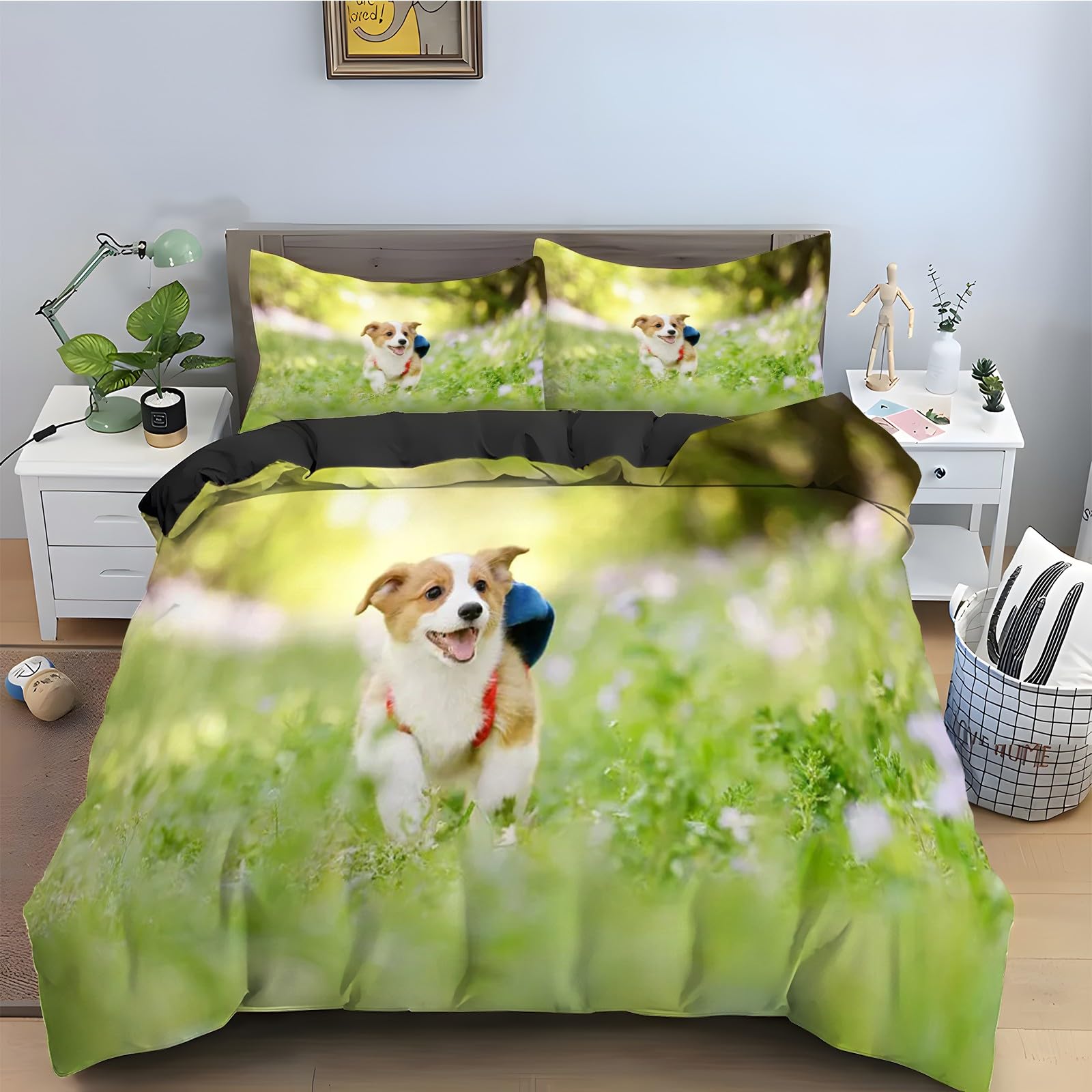 Housse de couette Corgi 90x190 anti-plis, parure lit zippée facile à border