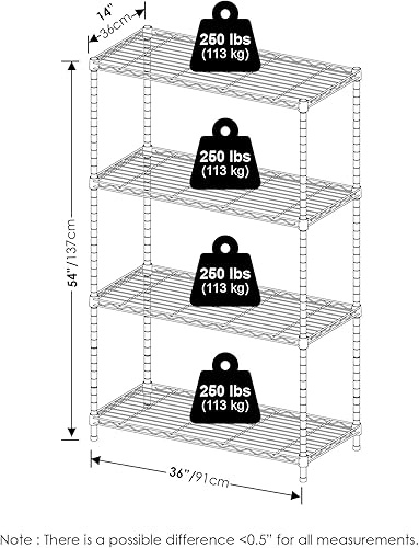 Miniatura 6 de Furinno Wayar Estante de almacenamiento de metal de 4 niveles, 36 x 14 x 54 pulgadas, acero inoxidable