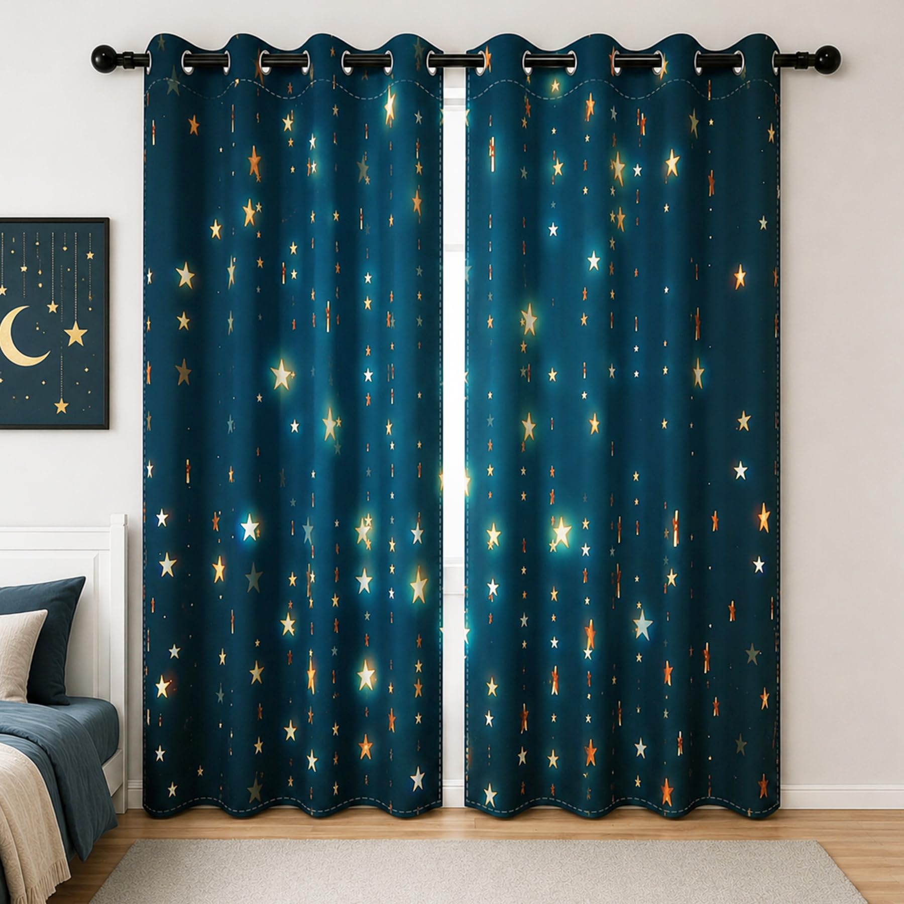 YONGFOTO Cortinas Opacas Espacio Habitación Infantil Niño Estrellas Azules | Estrellas Doradas Brillantes Cortinas Térmicas Opacas para Dormitorio con Ojales 2 Paneles 140 x 229 cm