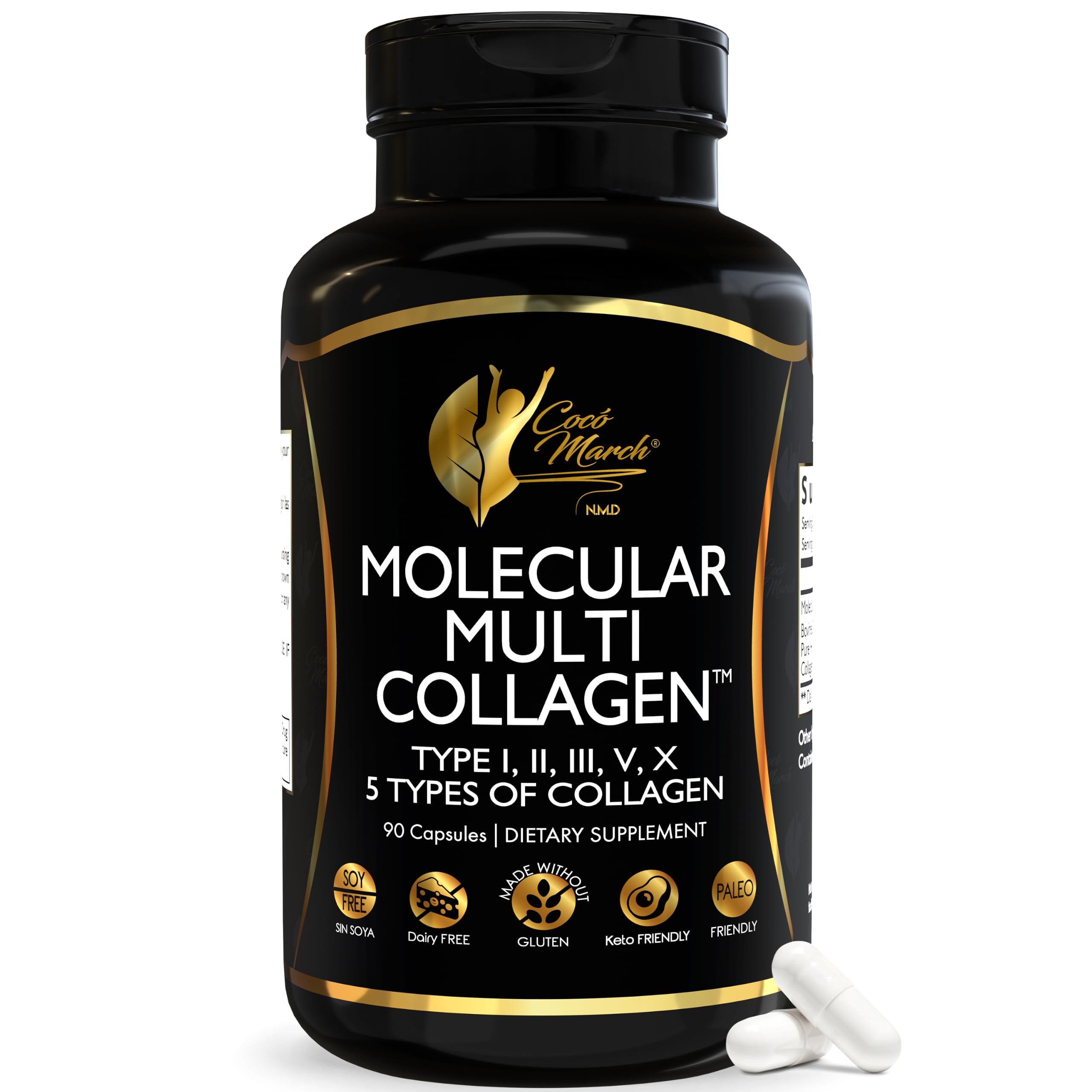 Cocó March N.M.D. Molecular Multi-Collagen - Types I, II, III, V & X – Hair, Skin, Nails & Joint Support for Women & Men – Low Molecular Weight Collagen, Gluten Free, Dairy Free, Soy Free, 90 Capsules
