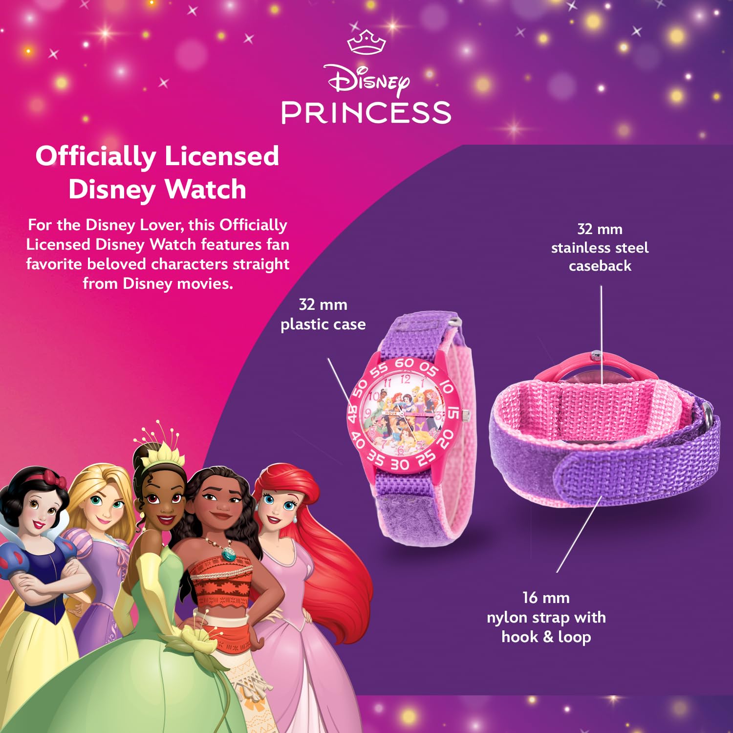 Disney Orologio da principessa per ragazze, orologio da principessa per bambini con lunetta bianca e cinturino in nylon reversibile, perfetto per ragazze dai 4 ai 7 anni, orologi per bambini, orologio