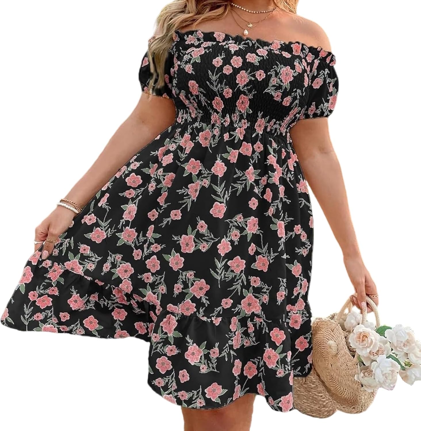 Women's Plus Size Boho Mini RESS Bohemian Floral Print Boat Neck Short Sleeve A-Line Short Dress Vacation Beachwear