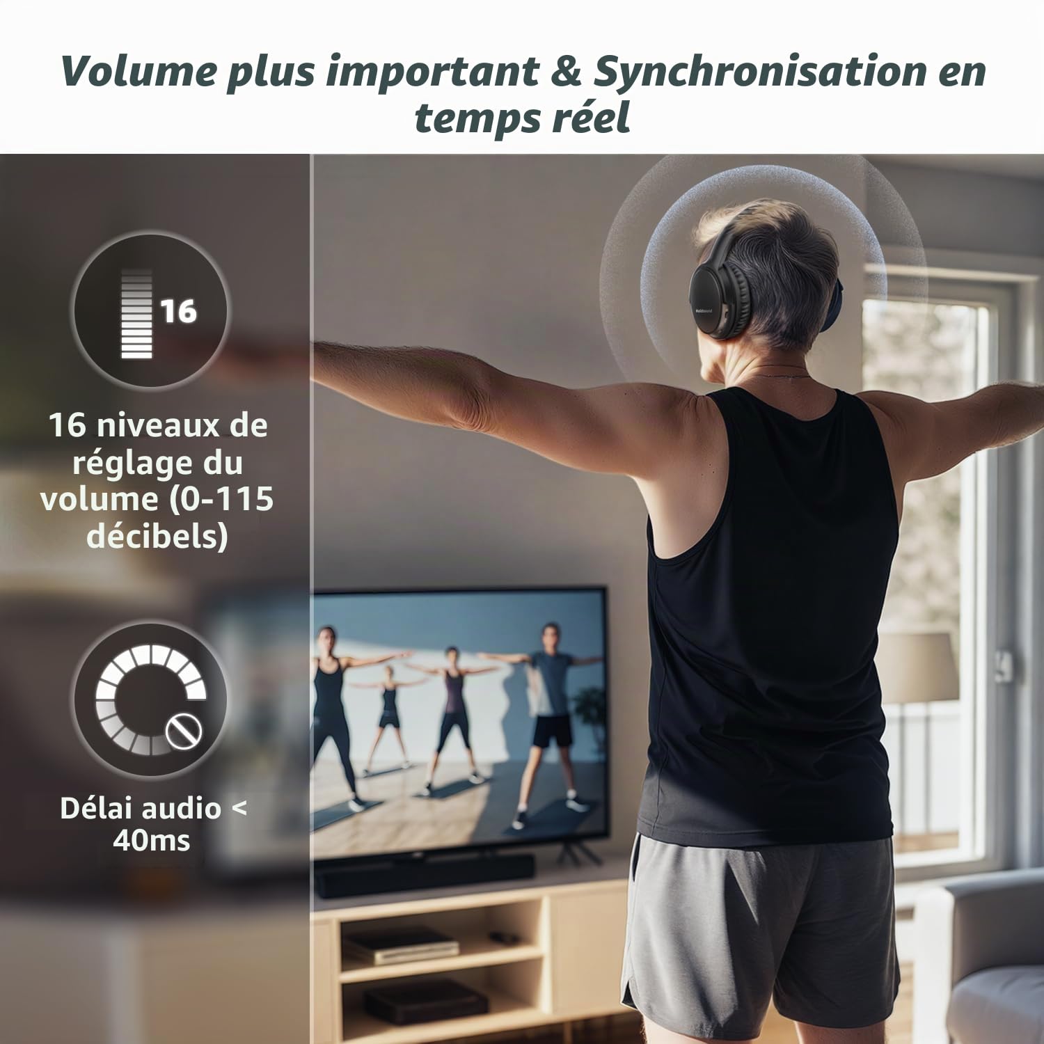 Holdsound Casque sans Fil TV, Léger Et Confortable, Pas De Retard Audio