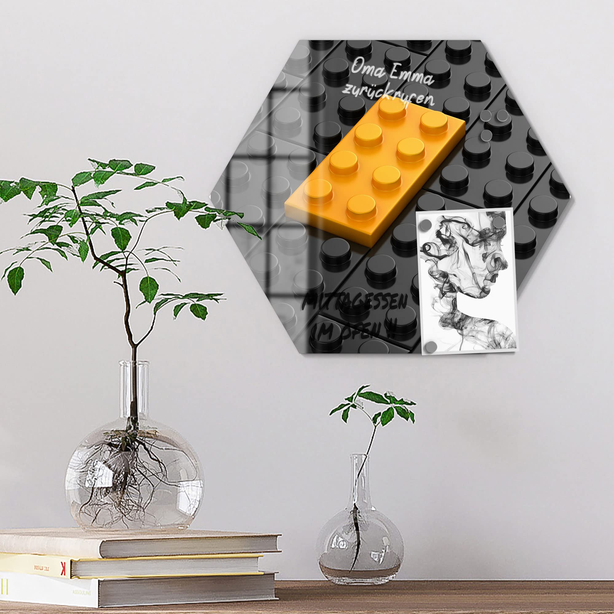 DEQORI Szklana tablica magnetyczna, wymiary 40 x 34,5 cm, motyw "klocki z wypustkami, tablica memo ze szkła, tablica magnetyczna w zestawie z magnesami, długopisem i ściereczką do kuchni i biura, tablica magnetyczna i do pisania