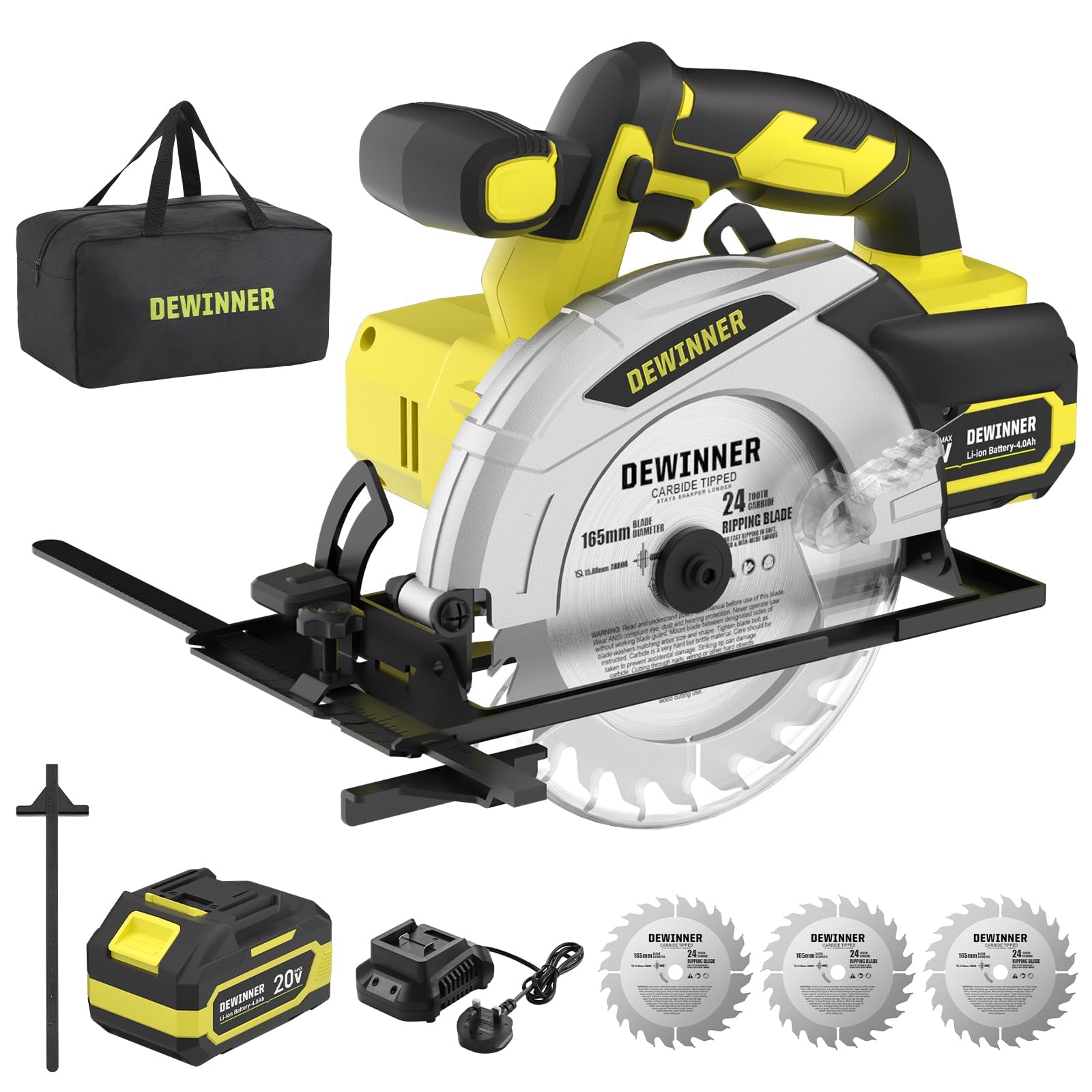 DEWINNER Cordless Circular Saw with 4.0Ah Lithium-Ion Battery,4000RPM Electric Circular Saw with Electric Brake,Max38mm (45°),54mm (90°), 3 * 165mm 24T Blades, Canvas Bag,for Wood Cutting