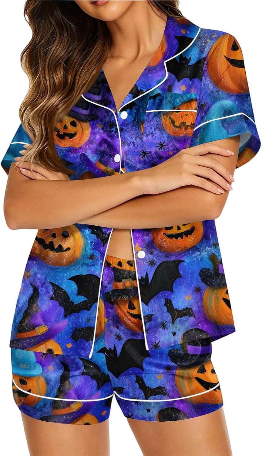Women Short Sleeve Halloween Pajama Set Elastic Shorts Sleepwear Soft Fall Pjs with Ghost Bat Spider Pumpkin Skeleton