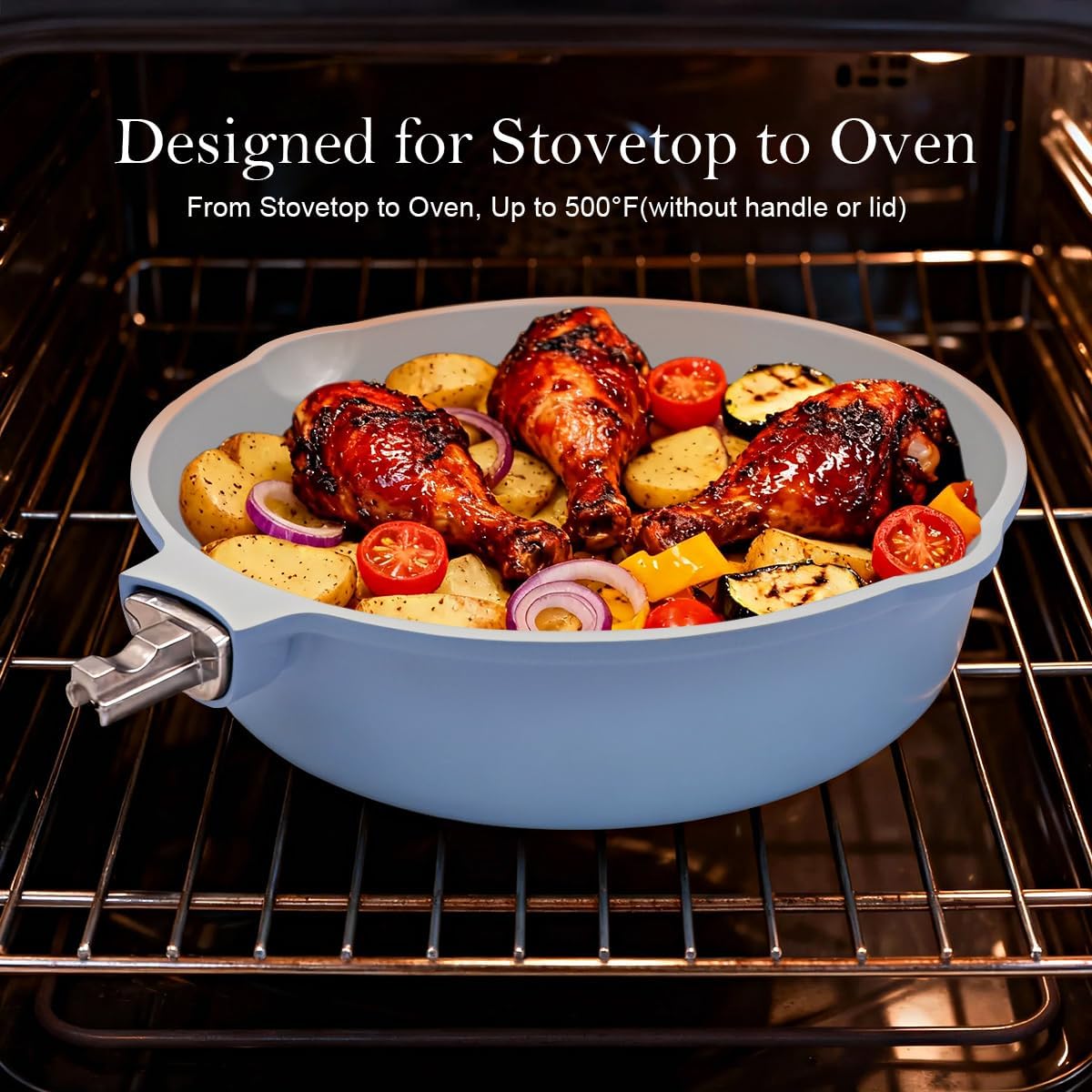 12 Inch Non Stick Ceramic Frying Pans with Lid, 5 QT Large Nonstick Deep Frying Pan Skillet, Saute Pan with Detachable Handle, Compatible with All Stoves, Oven Safe, PTFE & PFAS-Free, Blue