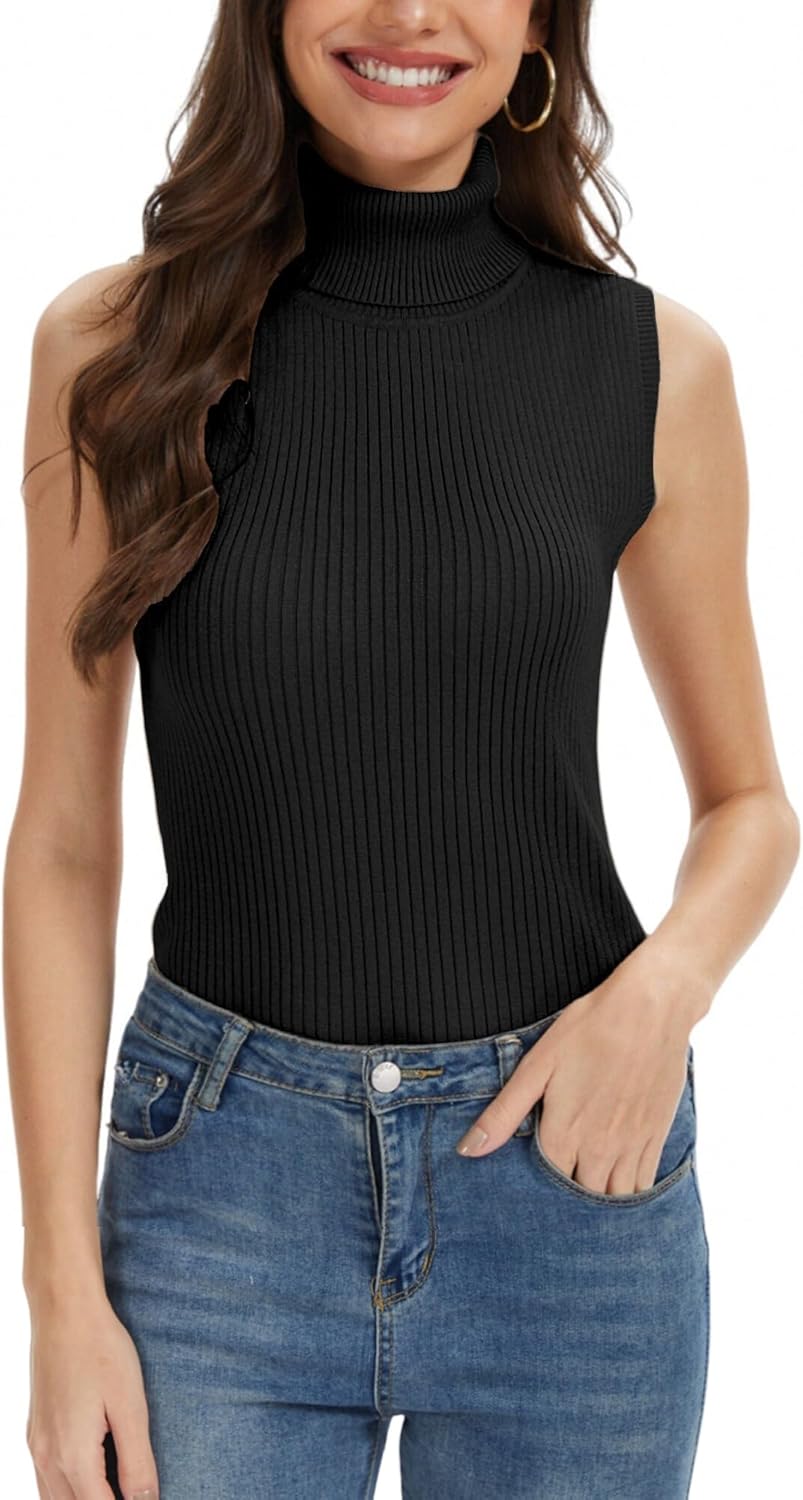 INKOFF Women’s Sleeveless Turtleneck Tops Ribbed Slim Fitted Turtle Neck Sweater Vest Dressy High Neck Knit Top