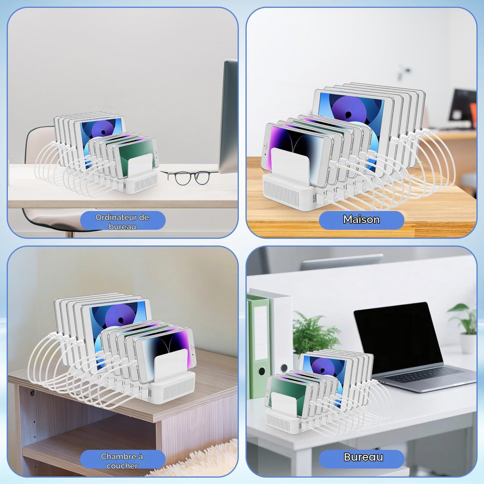 Station de Chargement USB, Station de Recharge 10 Ports 15W avec 10 Câbles, Support Chargeur Telephone,Station de Charge Telephone Portable (Blanc)