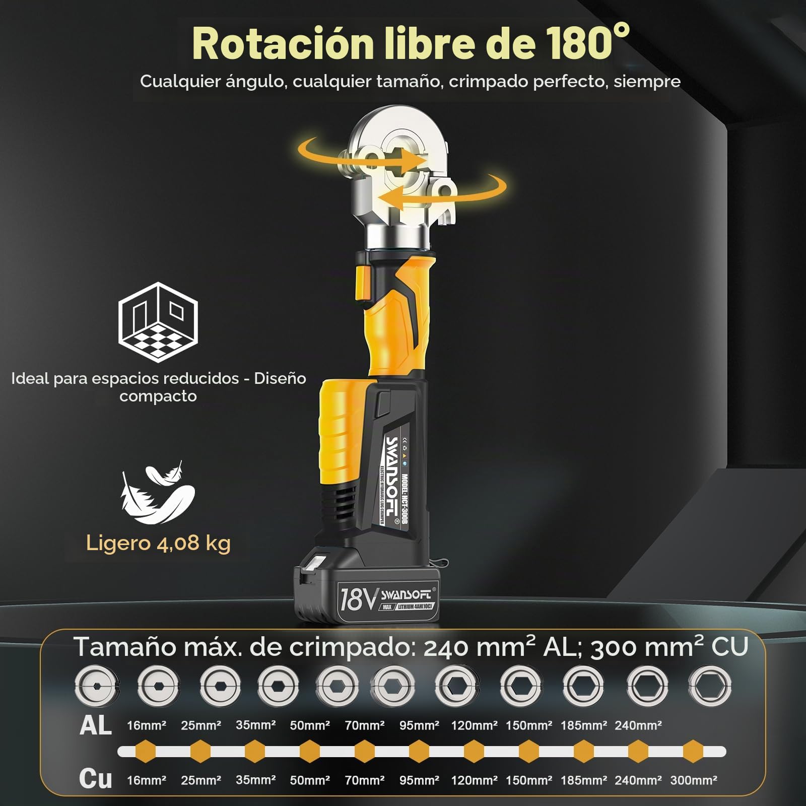 SWANSOFT Prensa de Crimpar Hidráulica Eléctrica, 6 Ton (16mm²-300mm²) - Juego de Herramientas para Crimpar Terminales, Prensa Hidráulica Recargable para Conectores de Cobre y Aluminio, 30,000 Ope