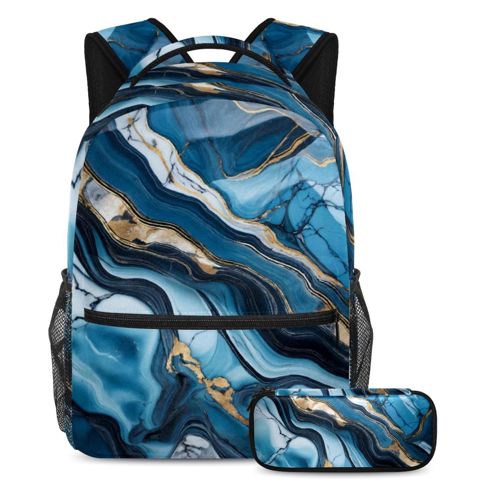Sac à dos texture marbre bleu design graphique multicolore avec trousse - 7