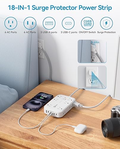Miniatura 3 de Regleta de alimentación con USB, protector de sobretensiones 2100J, cable de extensión de enchufe plano de 5 pies, 12 tomas de corriente y 6 USB (3