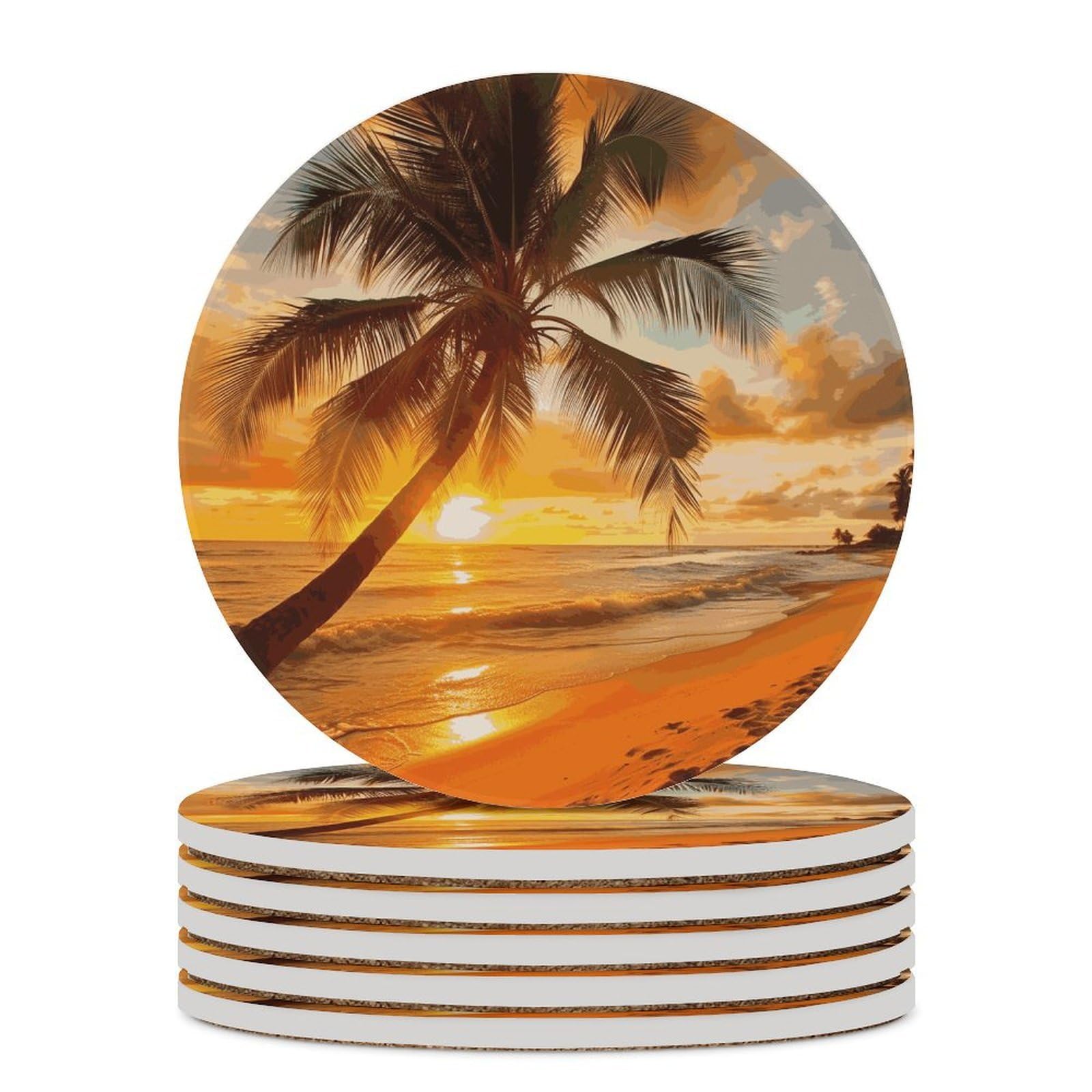 Tropical Beach Palm Tree Sunset Coaster with Cork Base Drink Coasters for Coffee Table Decor Modern Cup Coasters with Non-Slip & Heat-Resistant Cute Ceramic Table Coaster for Home Dining