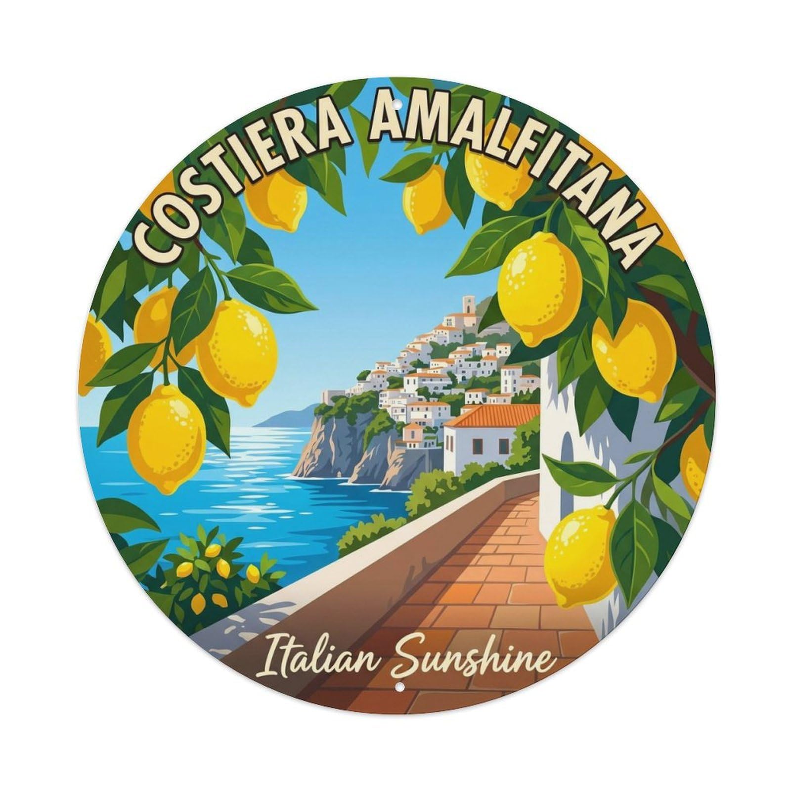 Classic Amalfi Mediterranean Lemon Grove Heritage Travel Metal Tin Sign Plaque Wall Decor for Cafe, Man Cave, Club Bar, Office, Home Garden Round Metal Poster 8x8Inch