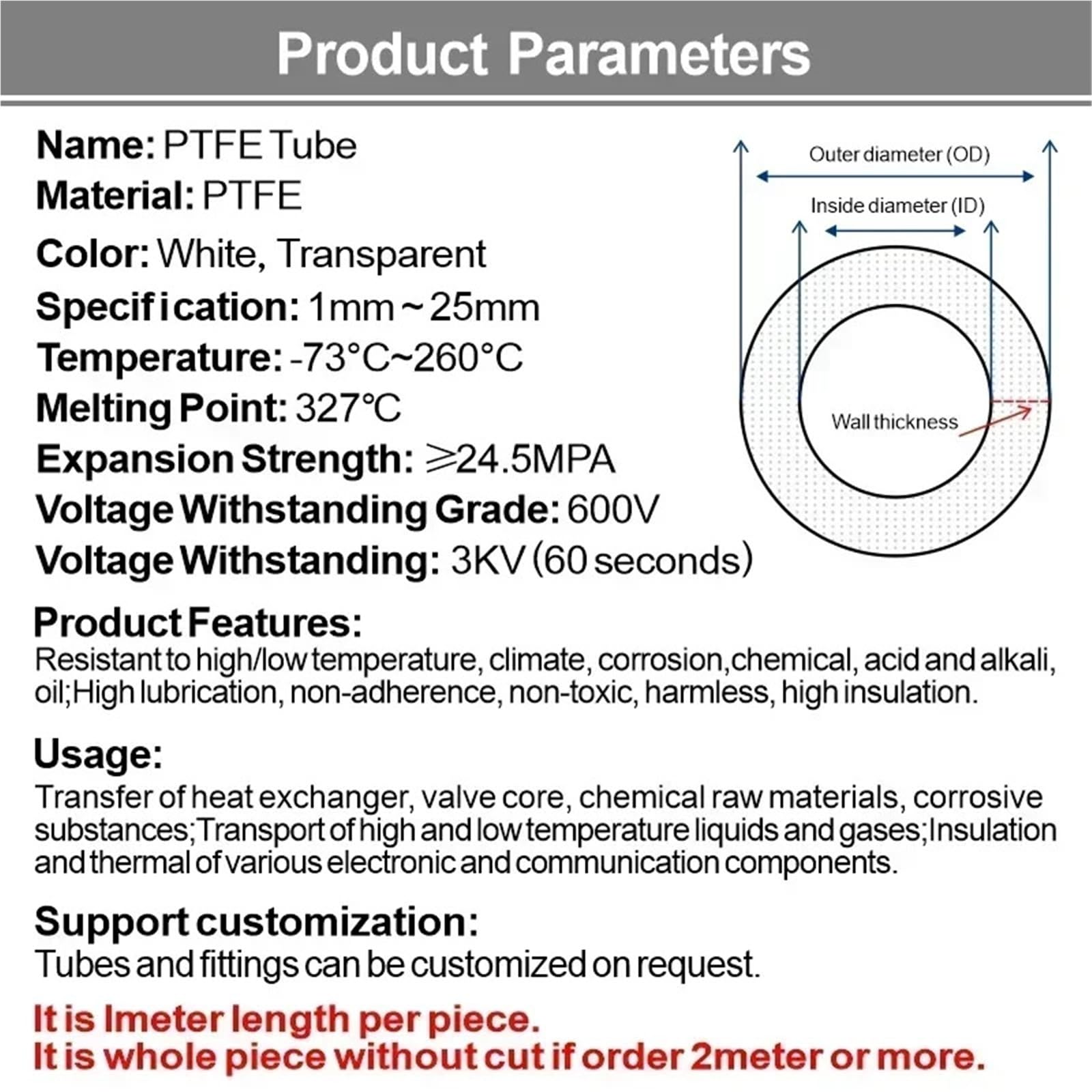 PTFE Tubo ID 1-19 mm for extrusora de impresora 3D J-Head