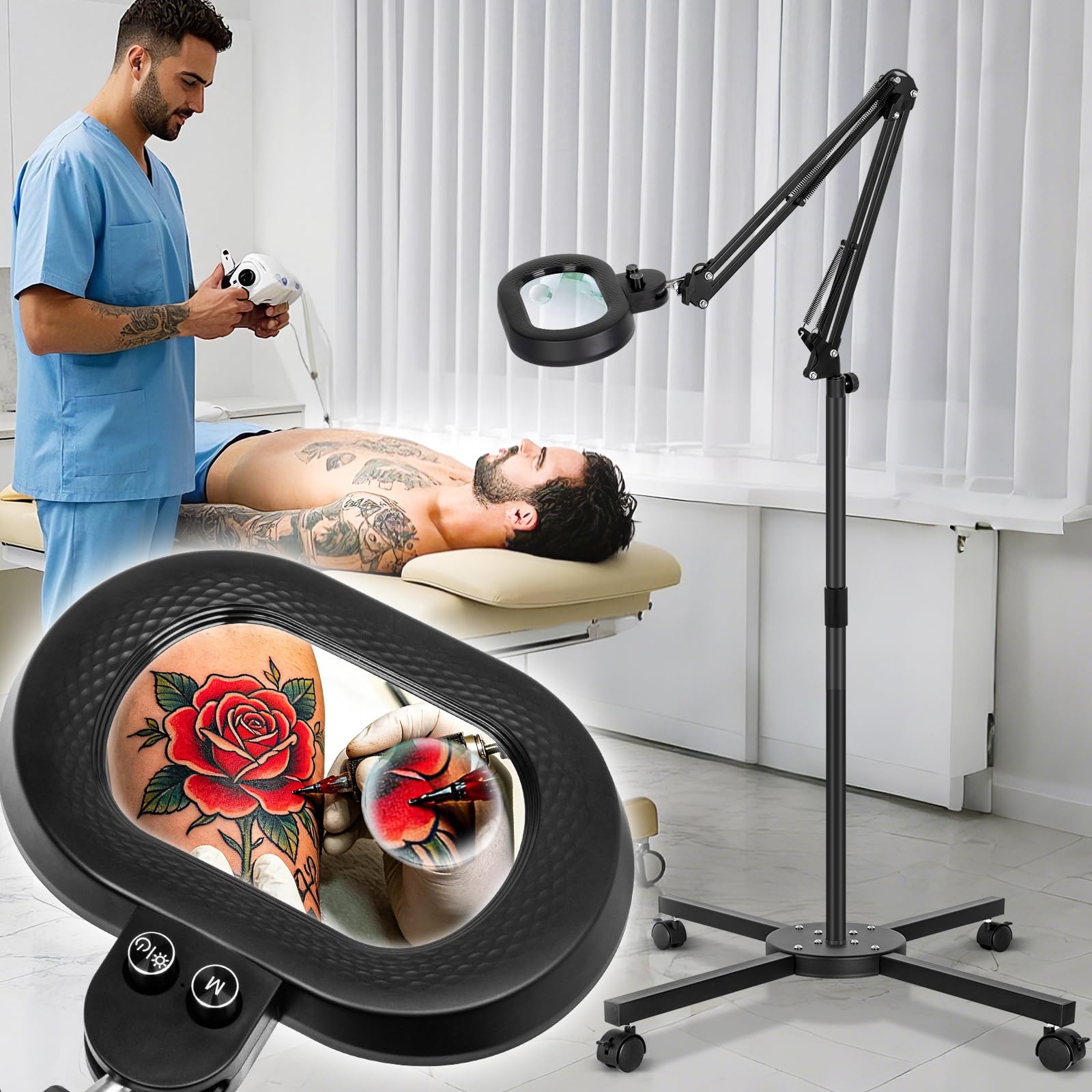 Lupa de 10 aumentos con luz y soporte, 2 en 1 con base grande y abrazadera LED, cualquier modo de color, regulable continuamente, manos libres, lupa iluminada para manualidades, lectura,