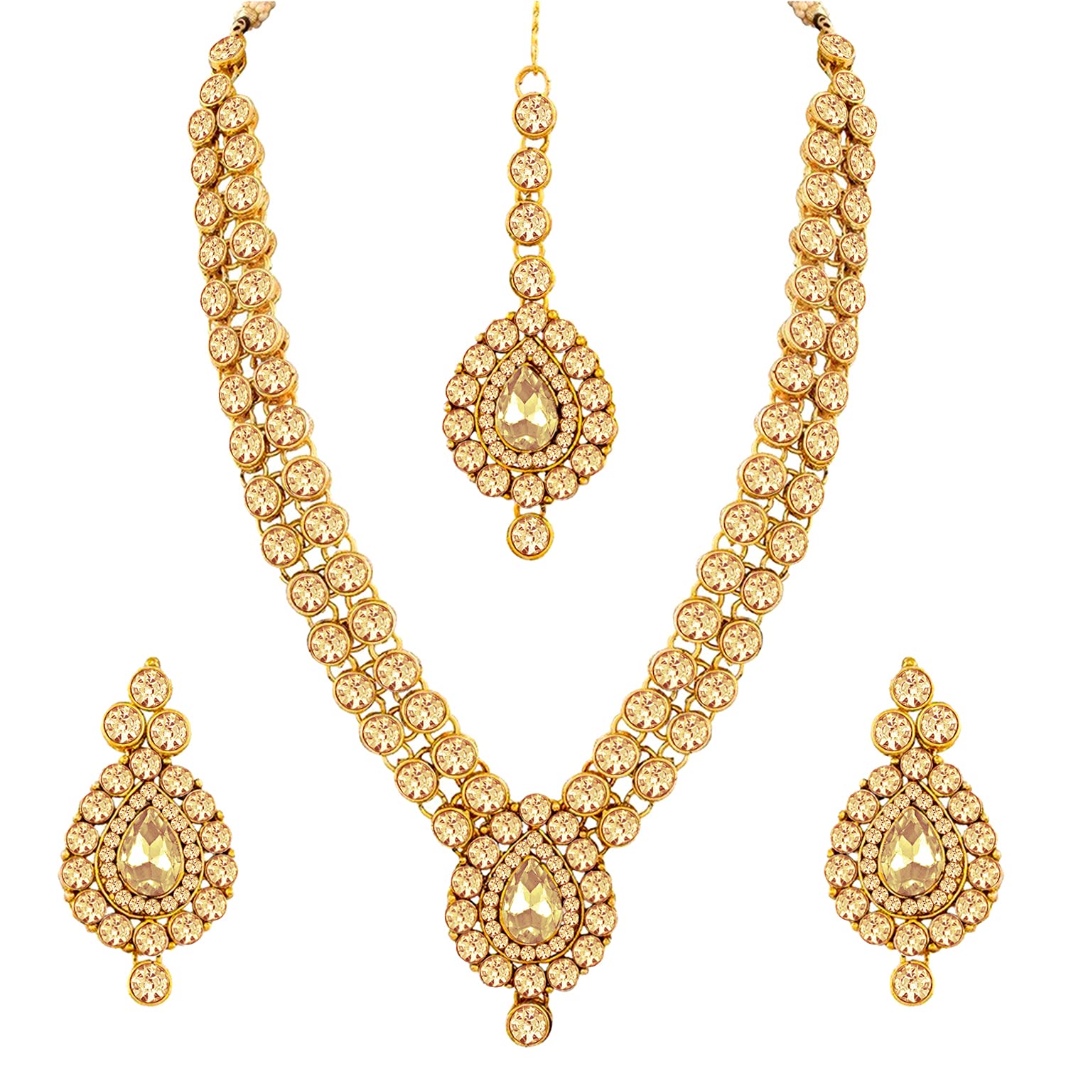 Peora Gold Plated American Diamond Long Necklace Jewellery Set With Maang Tikka and Earrings for Women Girls (Gold) (B09C3VSKZL) Amazon Price History, Amazon Price Tracker