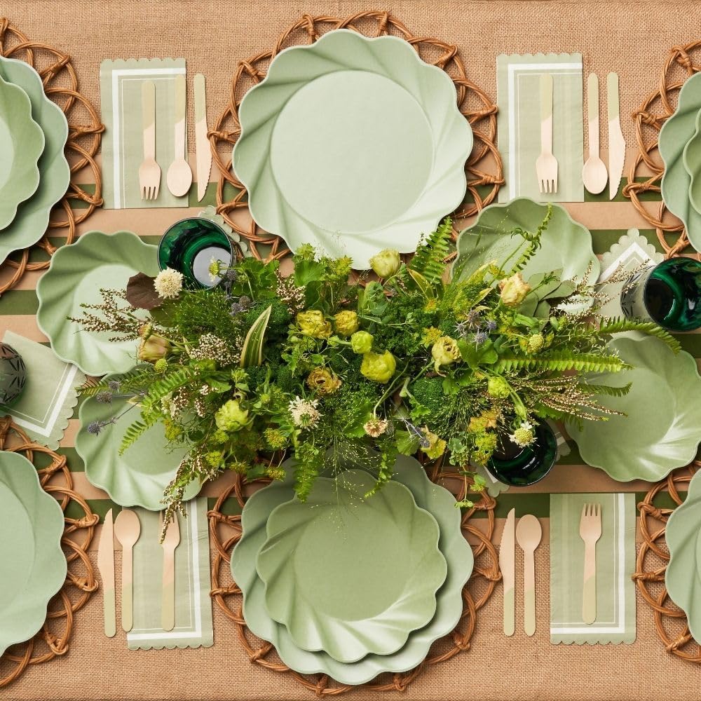 Eco-Friendly Compostable Party Plates - 24 Piece Set in 3 sizes. 8 XL Plates, 8 Dinner Plates, 8 Salad Plates- Made Of Bamboo Wood Fiber, and Sugarcane- Sturdy, Heavy Duty & Stunning - Sage