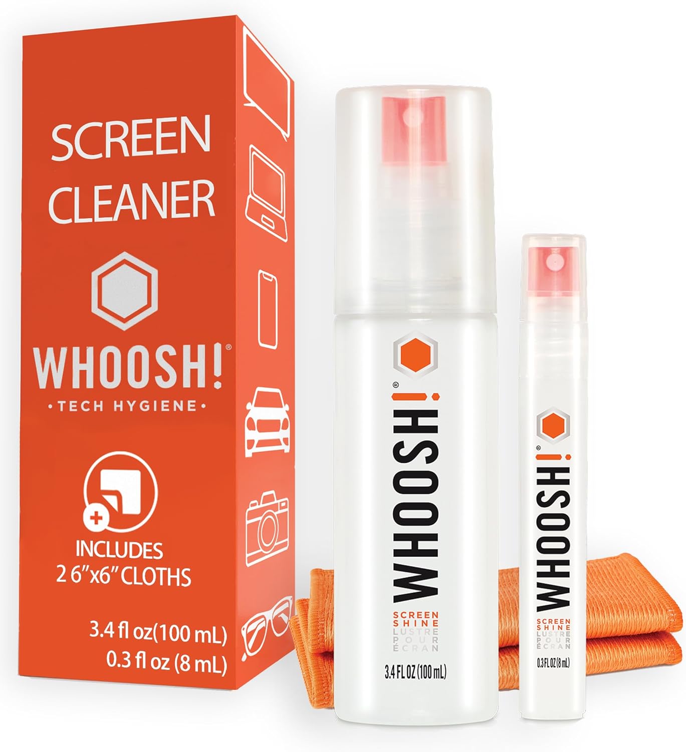 WHOOSH! Laptop Screen Cleaner Spray and Wipe [Set of 2] - 3.4 + 0.3 fl oz + 2 Microfiber Cloths - Duo with Large & Travel Size Bottles for Eyeglass Cleaner & Car Screen Cleaner- iPhone Cleaning Kit
