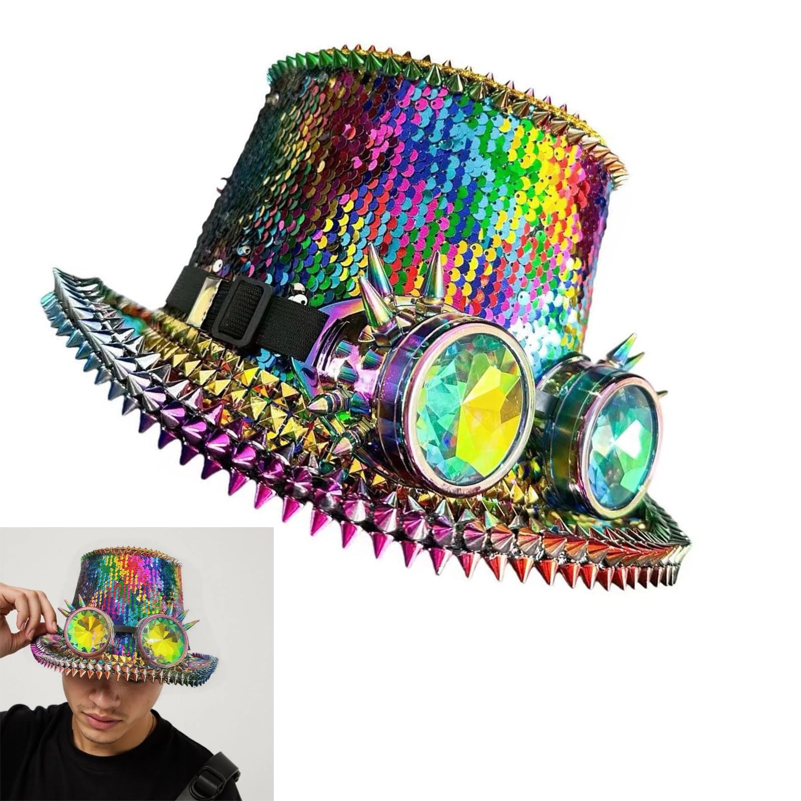 Chapeau de capitaine à paillettes scintillantes avec lunettes pour festival de musique, bal masqué, fête, accessoires de jeu de rôle