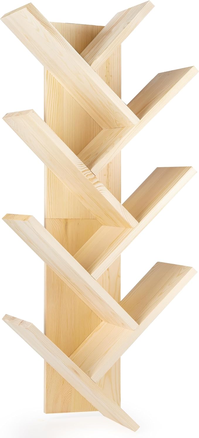 Tree Bookshelf, 7-Tier Wall Mounted Bookshelf Tree – Natural Book Organizer Solid Pine Wood Book, Tree Bookshelf, Book Shelf for Bedroom