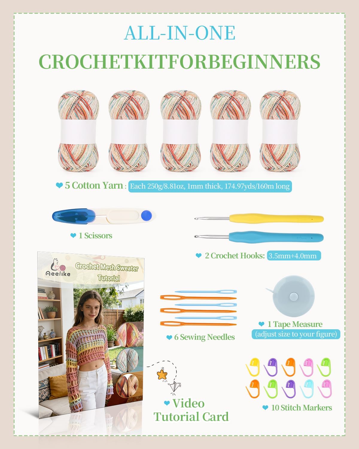 Aeelike Beginner Crochet Kit for Adults, Crochets Set Ombre Cotton Yarn & Step-by-Step Video Tutorials, Crochet Kit for Beginners Beach Coverup Mesh Top for Women Ideal DIY Gift, Gradient Color