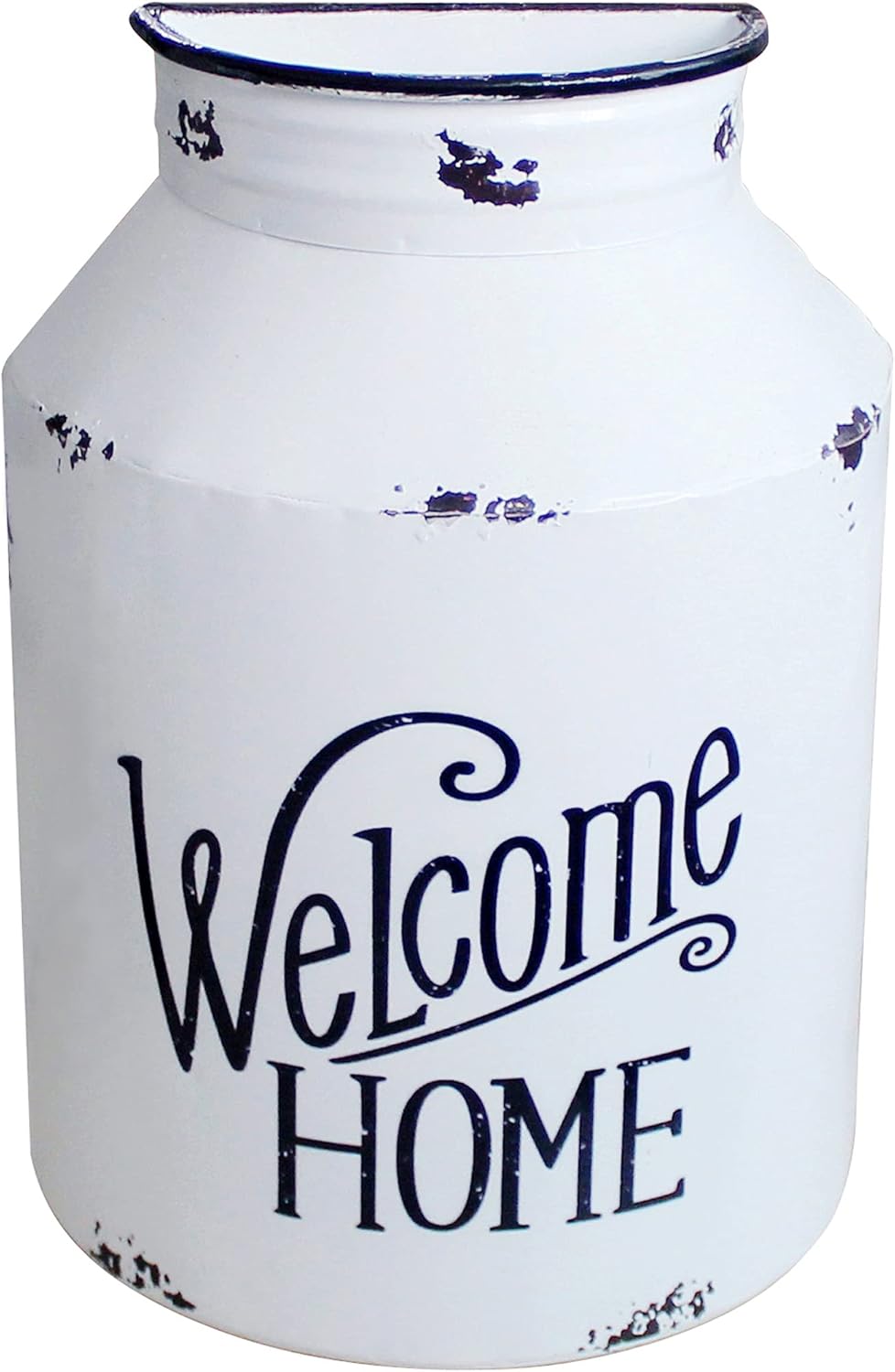 CVHOMEDECO. Primitive Rustic Galvanized Tin Half Round Jug Vase Metal Wall Hanging Flower Holder for Home and Garden Decor, Vintage White