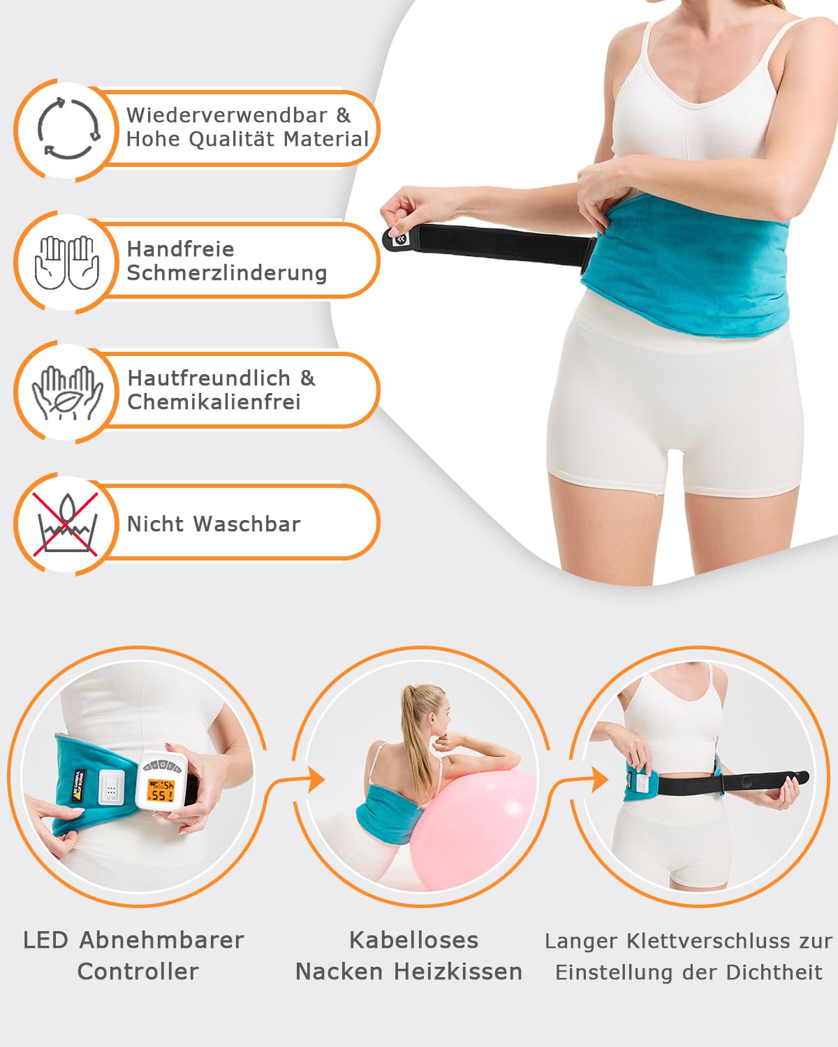 JOBYNA Wärmegürtel Vibrationsmassage für Rücken, 5000mAh Kabellos Elektrisches Heizkissen Massagegerät, 40-60℃ mit Abschaltautomatik, 3 Vibrationsintensität Wärmekissen für Bauch, Schultern(68*22cm)