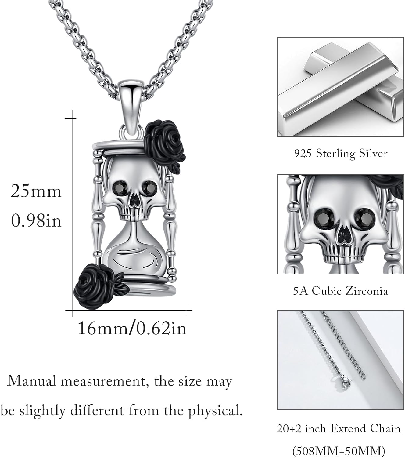Hourglass Urn Necklace 925 Sterling Silver Skull Pendant Necklace Rose Gothic Cremation Jewelry for Ashes Men Women - Image 6