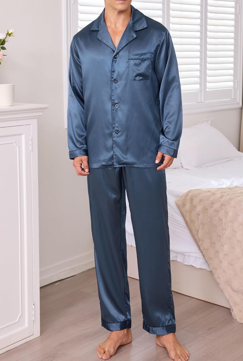 JupiterSecret Mens Silky Satin Pajamas Set Long Sleeve Button-Down Luxurious Pj Two-piece Sleepwear with Long Pants - Image 2