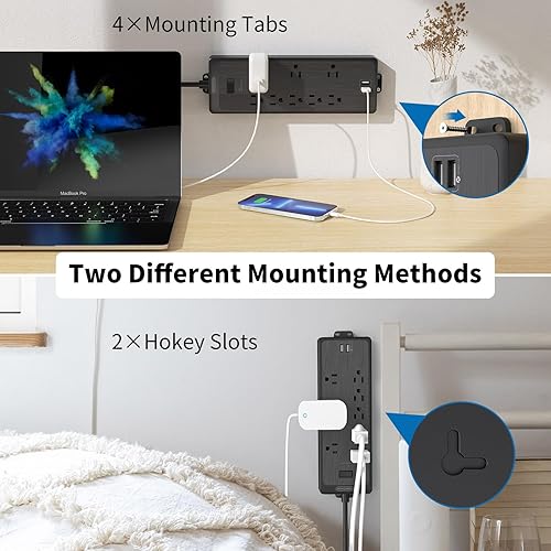 Miniatura 6 de Cable de extensión de 10 pies de largo, protector de sobretensiones NTONPOWER con 8 salidas (3 ampliamente espaciados) y 2 puertos USB, 1875 W15 A,